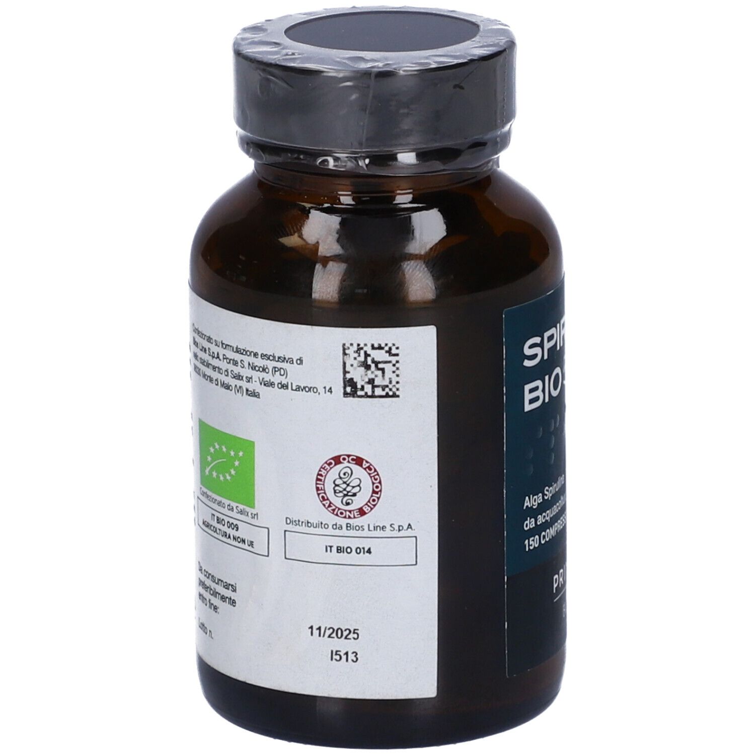Dos du flacon Spirulina Bio. Inscription: logo Bio UE, date de péremption 11/2025. IT BIO 014.