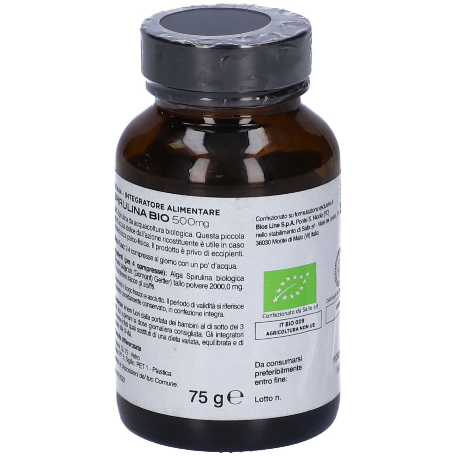 Dos du flacon Spirulina Bio. Inscription: 75 g, logo Bio UE. Texte sur ingrédients et utilisation.