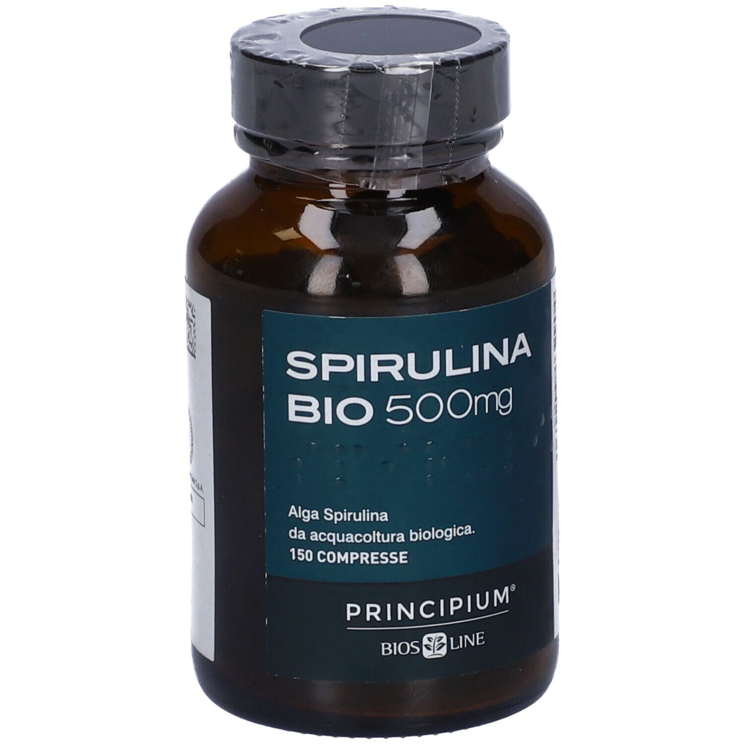 Flacon en verre brun Spirulina Bio 500mg. Inscription: Principium, Bios Line. 150 comprimés.