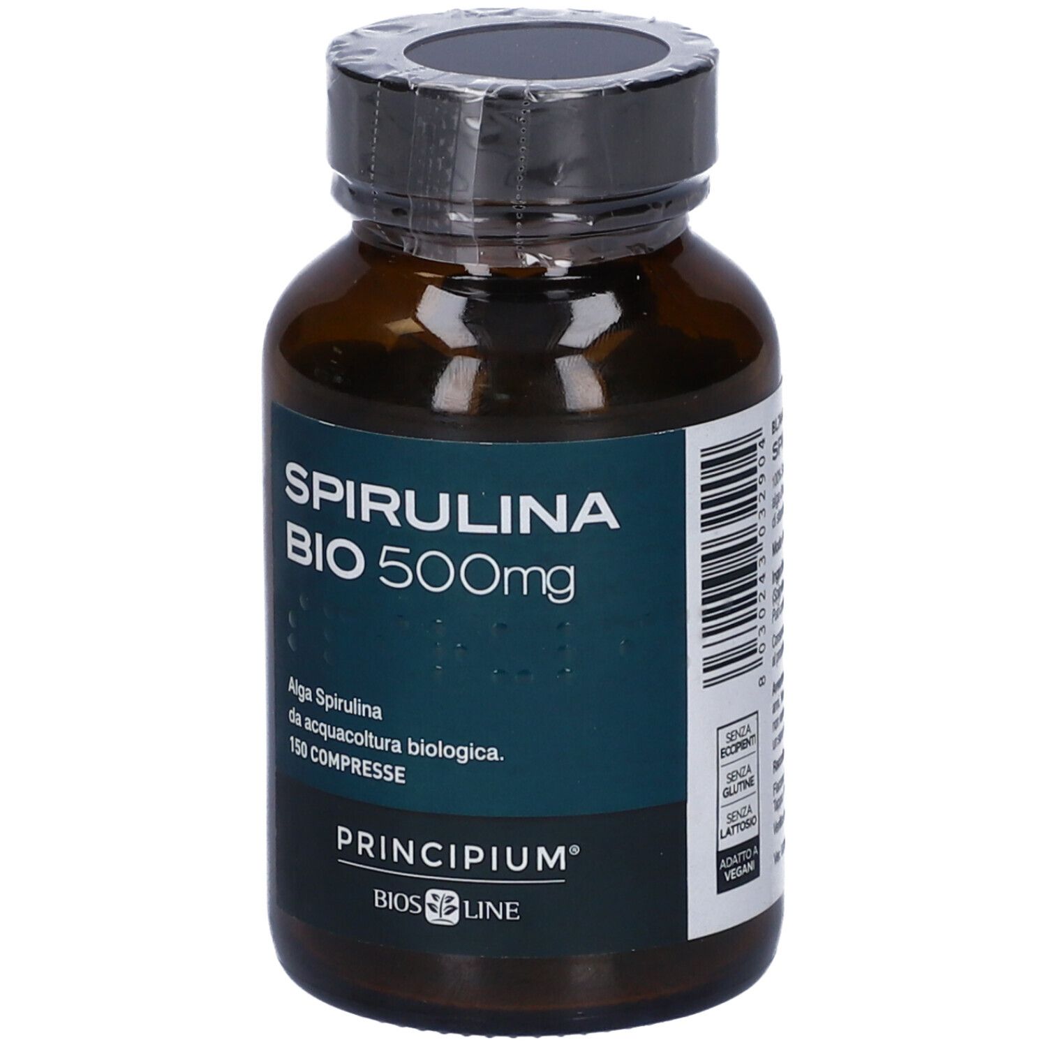 Flacon en verre brun Spirulina Bio 500mg. Inscription: Principium, Bios Line. 150 comprimés.