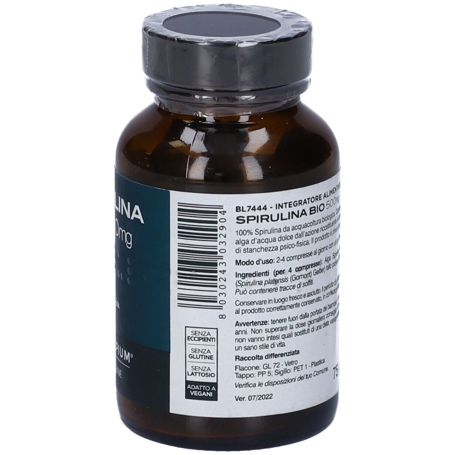 Dos du flacon Spirulina Bio. Inscription: Sans gluten, sans lactose, vegan. Date de péremption 07/2022.