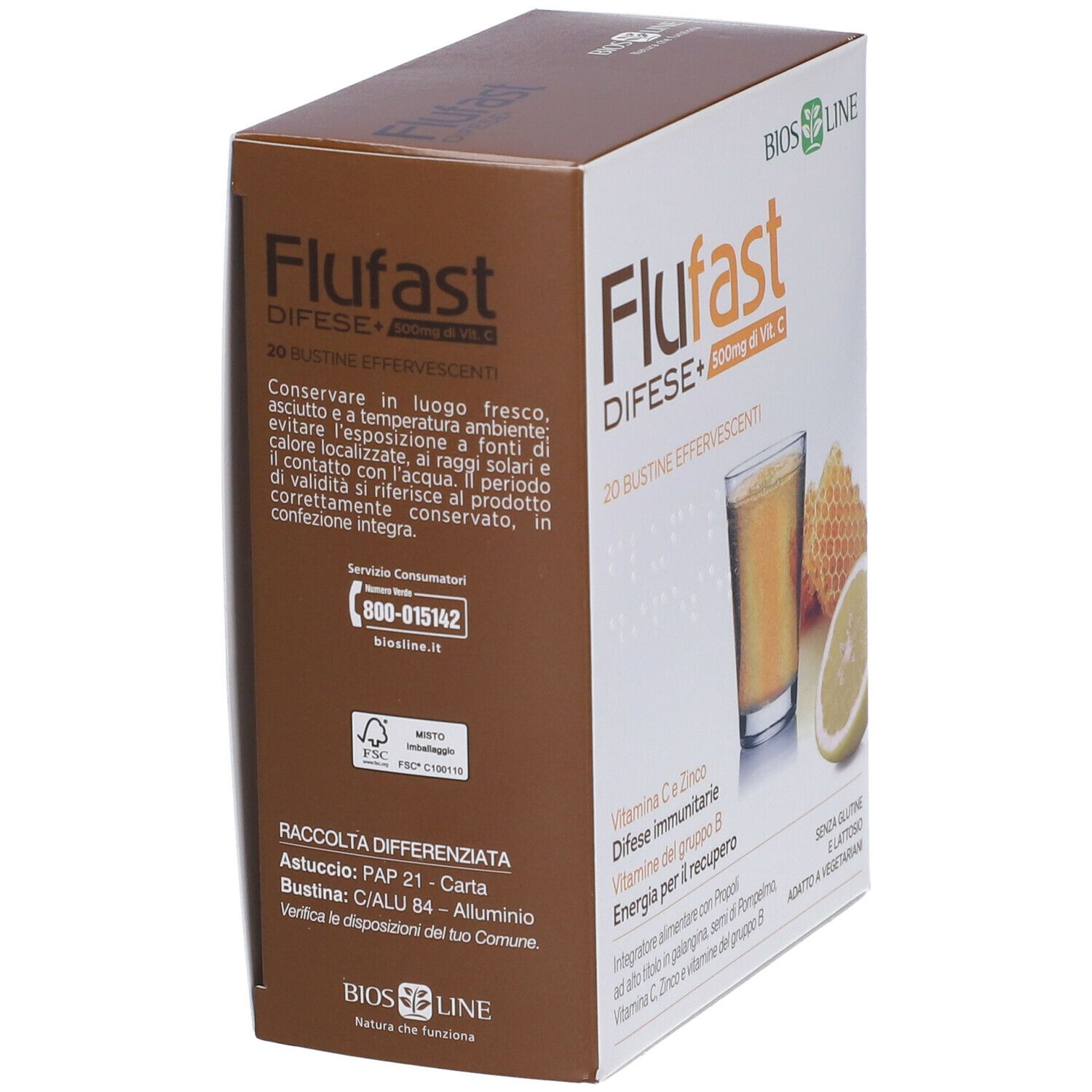 Scatola marrone e bianca con testo "Flufast DIFESE+" e "20 bustine effervescenti". Logo Bios Line.