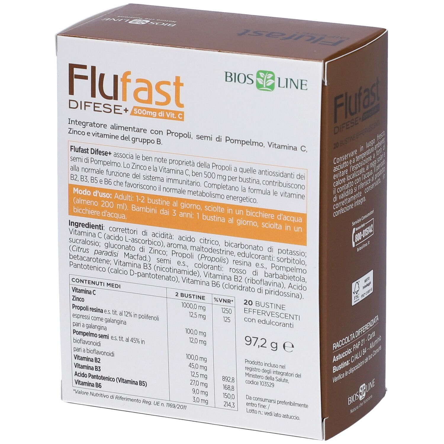 Scatola bianca con testo "Flufast DIFESE+". Contiene informazioni sugli ingredienti e valori nutrizionali. Logo Bios Line.
