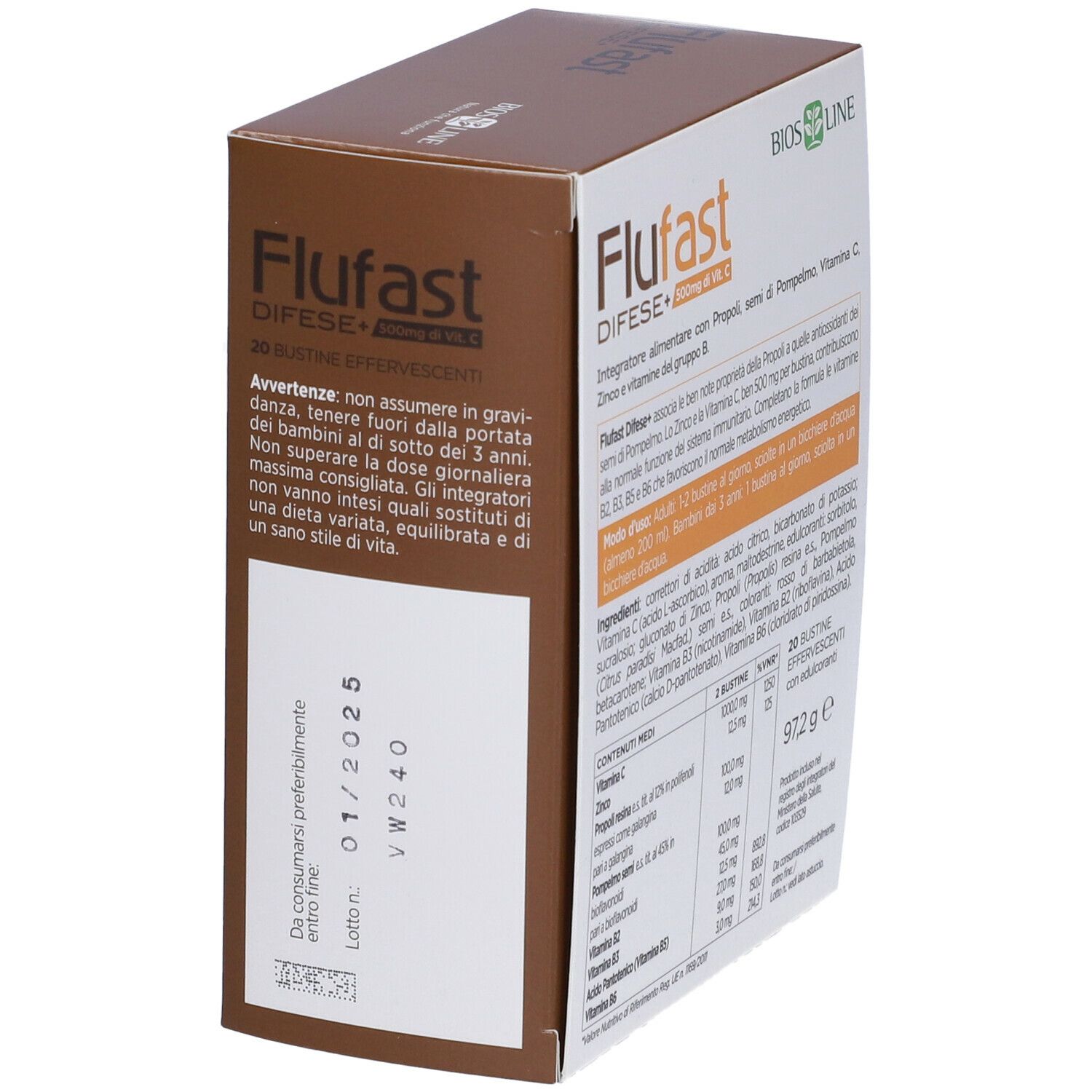 Scatola con testo "Flufast DIFESE+". Contiene informazioni sull'uso e la data di scadenza. Logo Bios Line.