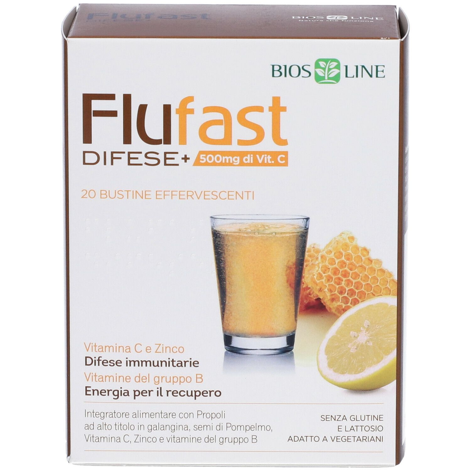 Scatola bianca con testo "Flufast DIFESE+" e un bicchiere di bevanda. Logo Bios Line. Contiene limone e favo.