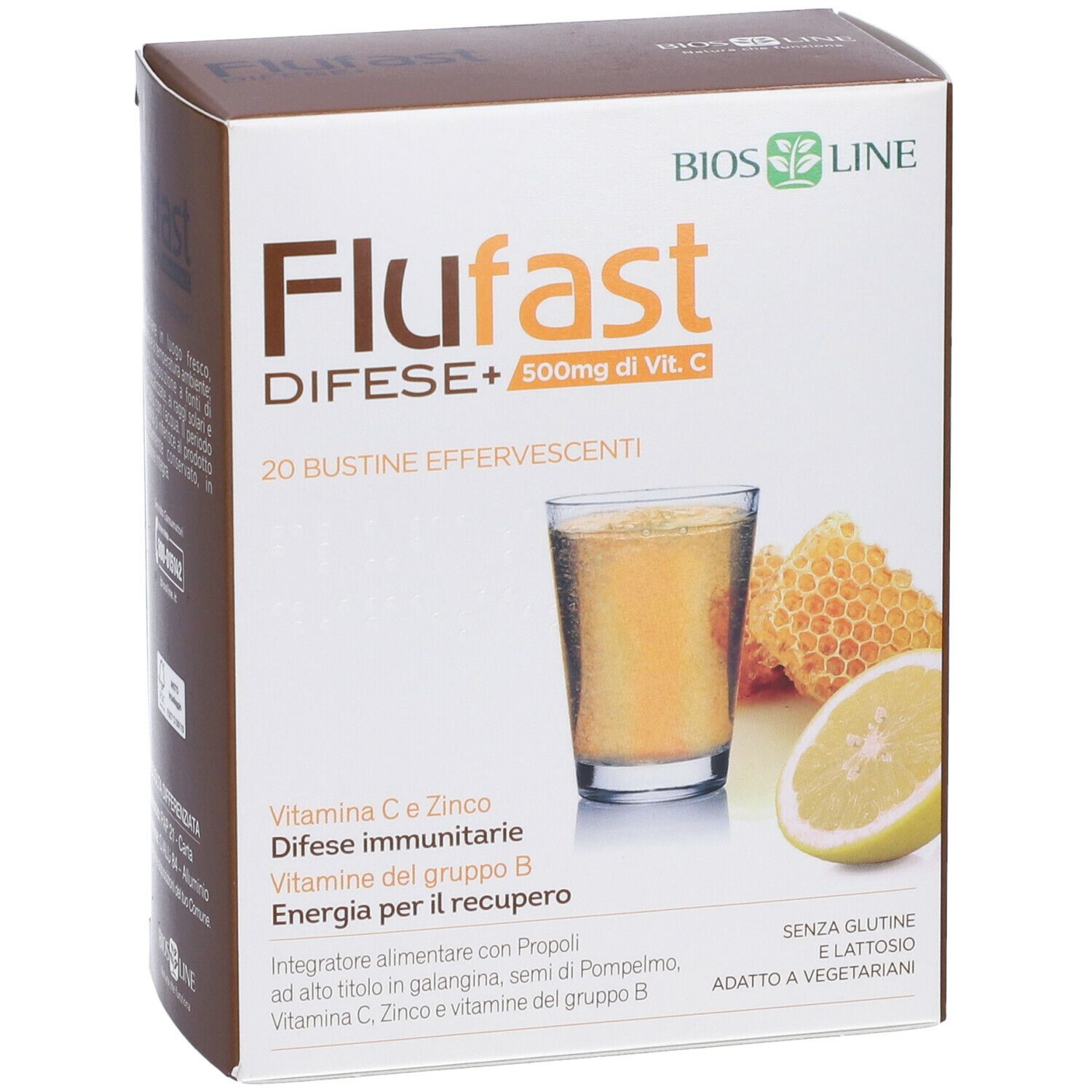 Scatola bianca con testo "Flufast DIFESE+" e un bicchiere di bevanda. Logo Bios Line. Contiene limone e favo.
