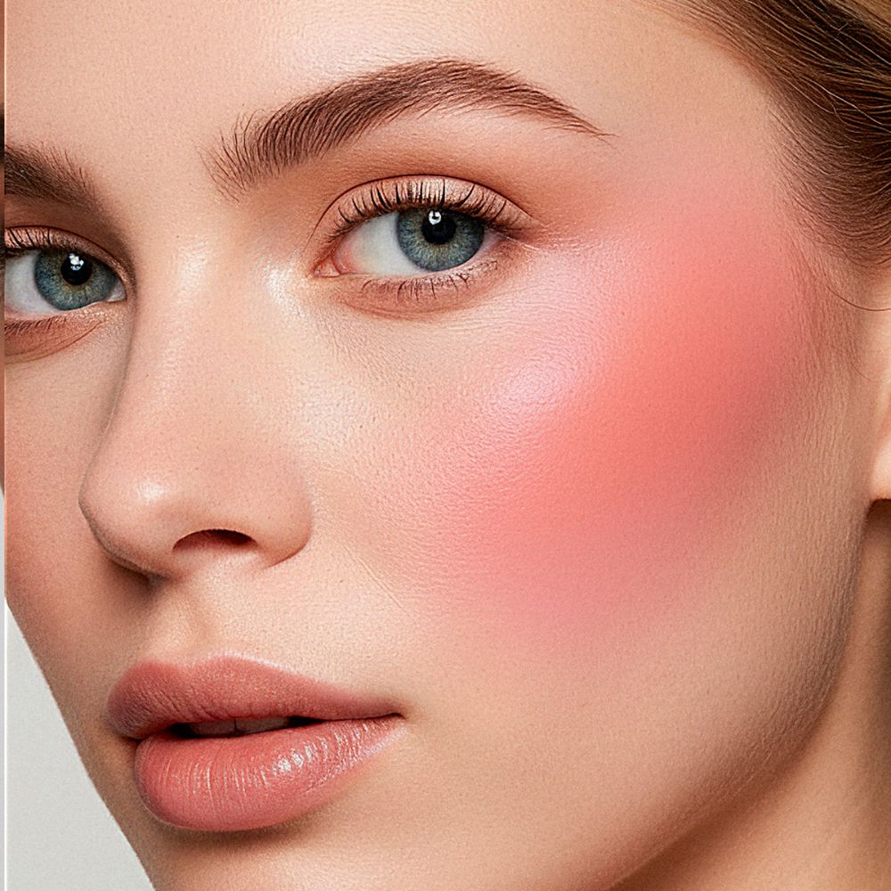 Primo piano di un viso con fard rosa applicato sugli zigomi.