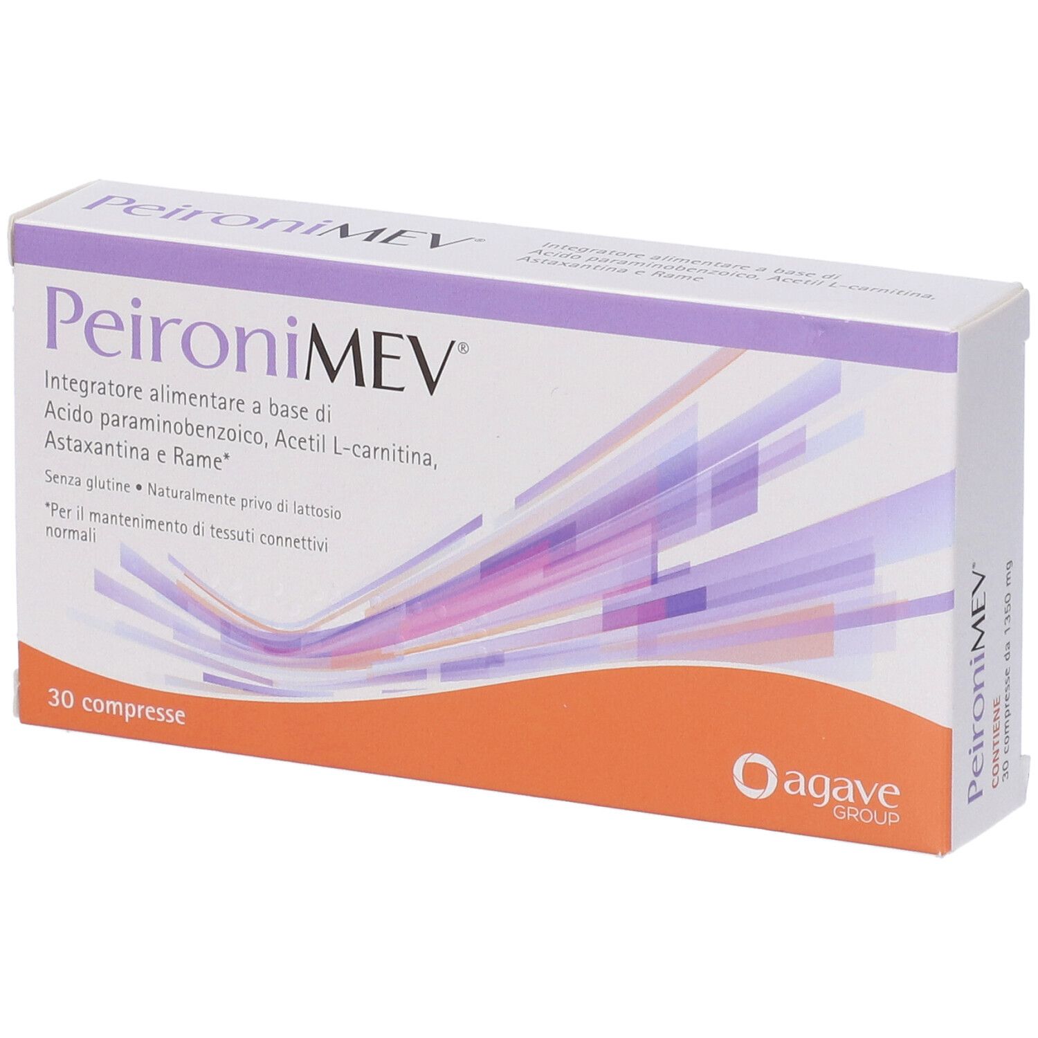 Scatola di compresse PeironiMEV. Design arancione e bianco con accenti viola. 30 compresse, logo Agave Group.