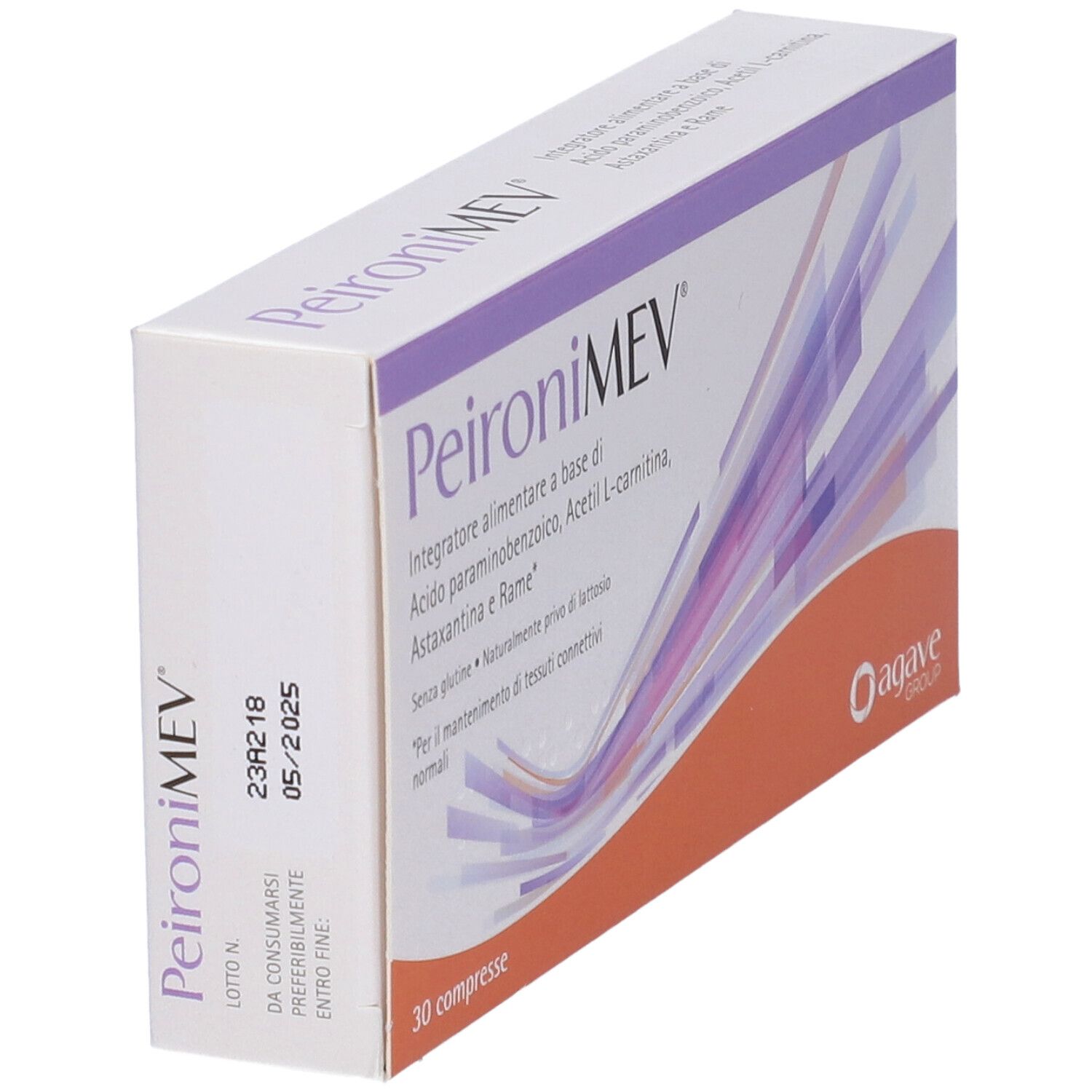 Scatola di compresse PeironiMEV, vista laterale. Bianco con dettagli viola e arancioni. 30 compresse, logo Agave Group.