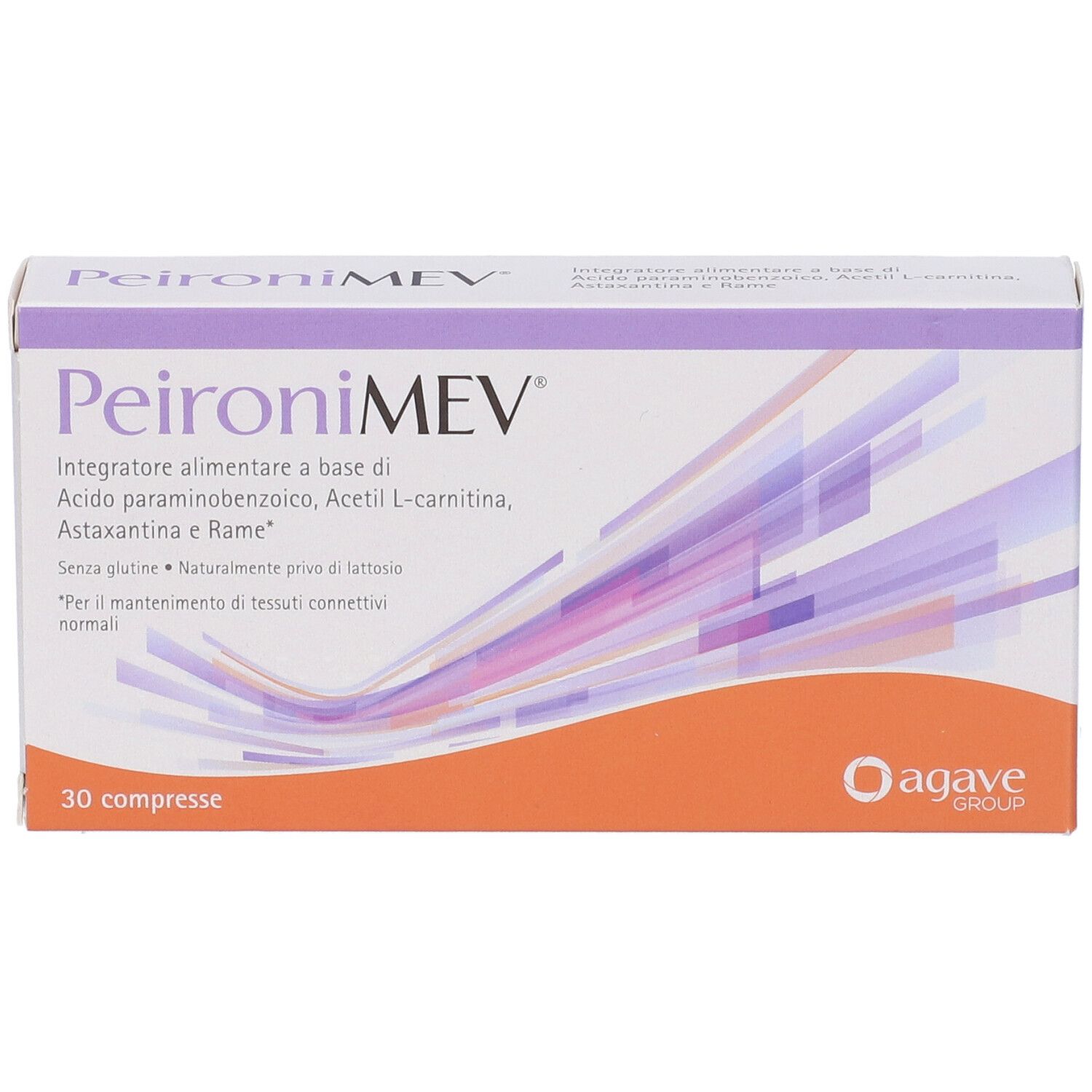 Scatola di compresse PeironiMEV. Bianco con dettagli viola e arancioni. 30 compresse, logo Agave Group.