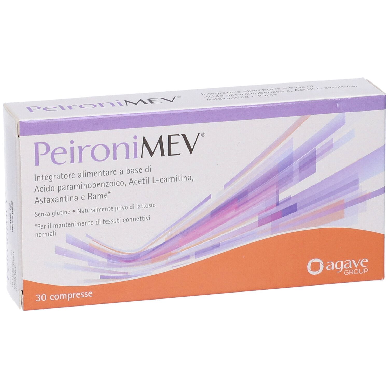 Scatola di compresse PeironiMEV. Bianco con dettagli viola e arancioni. 30 compresse, logo Agave Group.