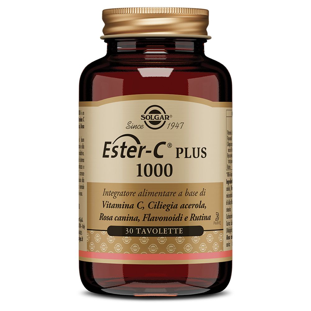 Flacone di vetro marrone con tappo dorato. Etichetta con Ester-C PLUS 1000 e marchio SOLGAR. Contiene 30 compresse.
