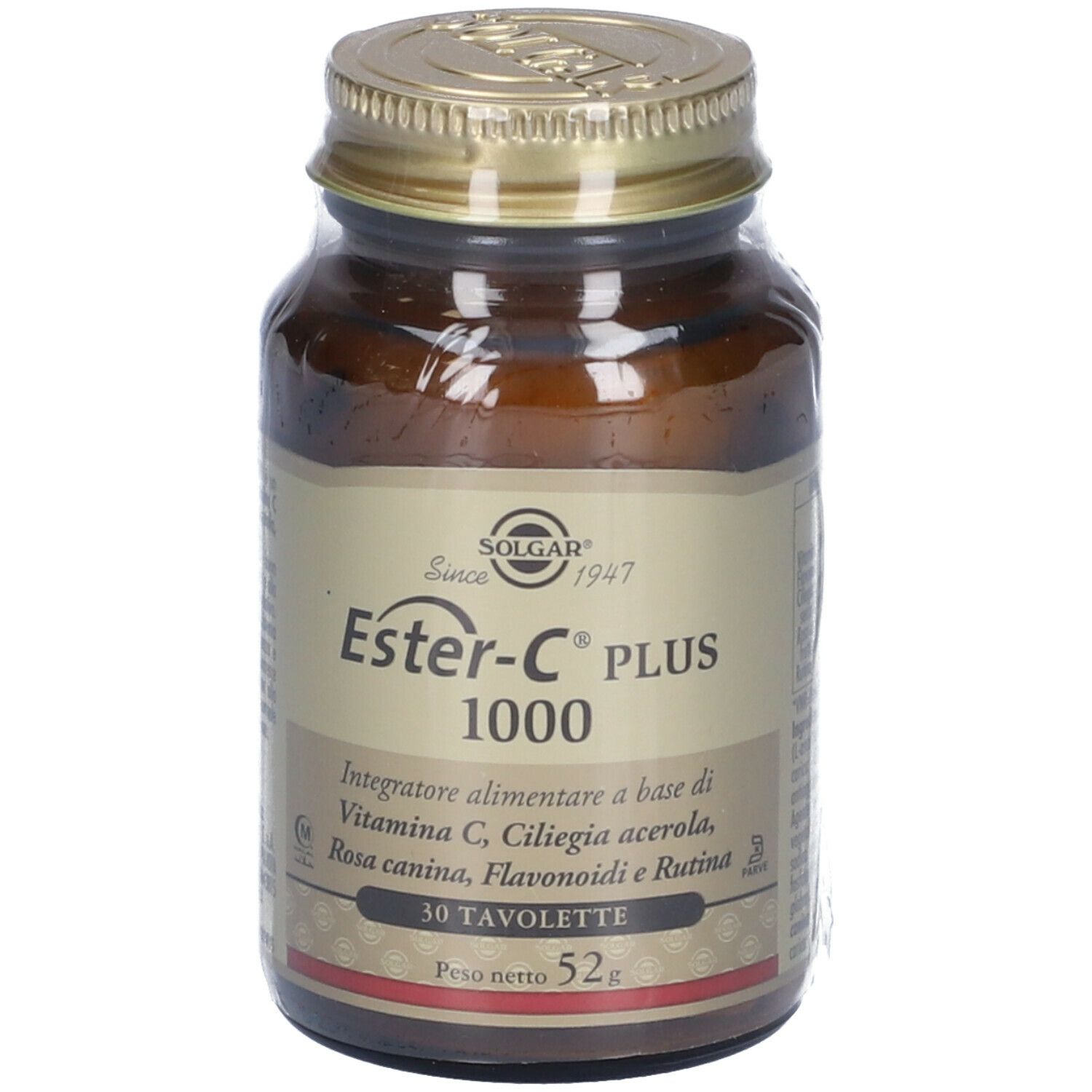 Flacone di vetro marrone con tappo dorato. Scritta: Ester-C PLUS 1000, 30 Tavolette. Marchio: SOLGAR.