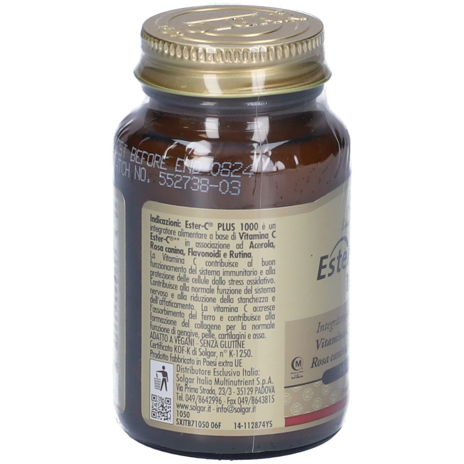 Retro del flacone di vetro marrone. Testo: Ester-C PLUS 1000, ingredienti, informazioni produttore. Tappo dorato.