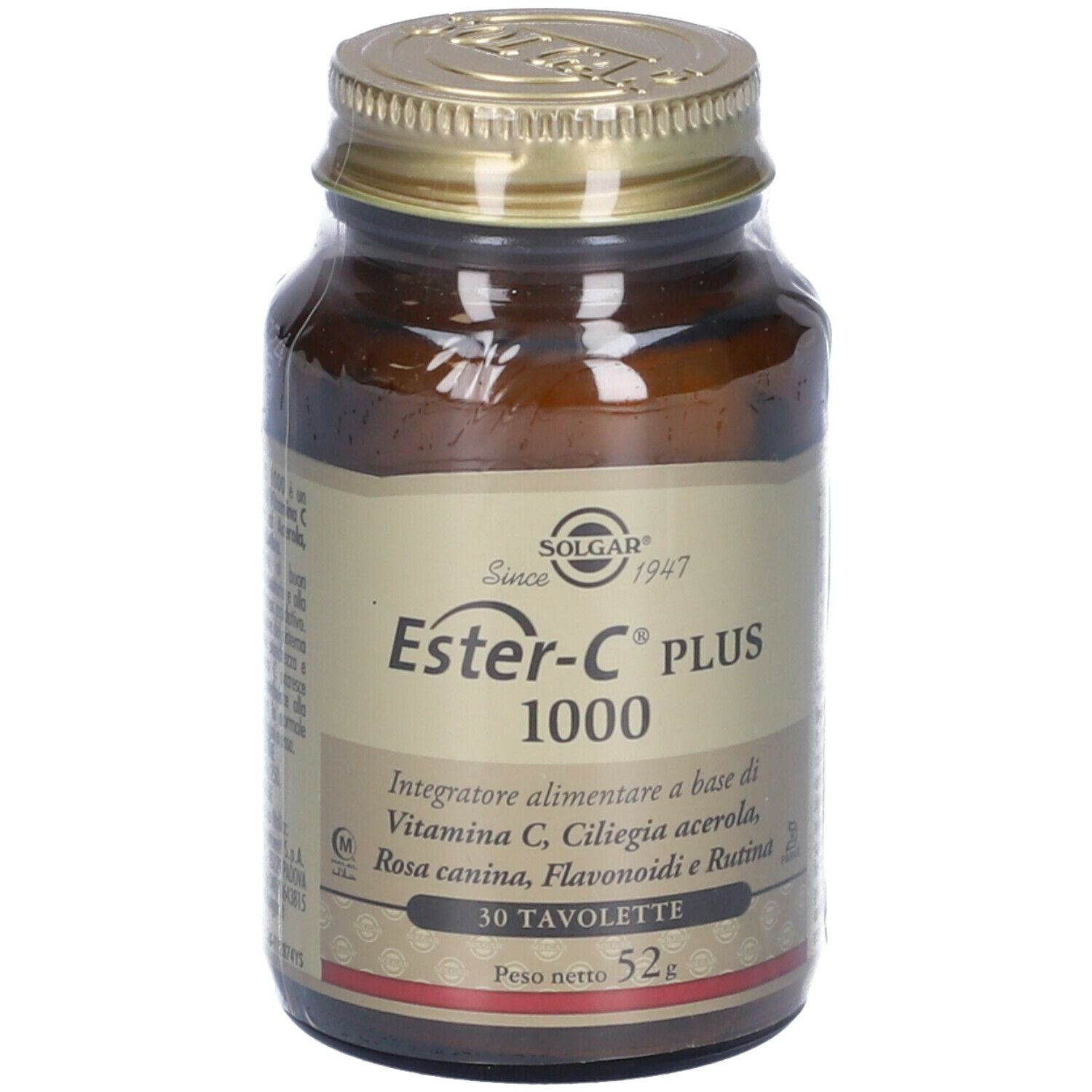 Flacone di vetro marrone con tappo dorato. Scritta: Ester-C PLUS 1000, 30 Tavolette. Marchio: SOLGAR.