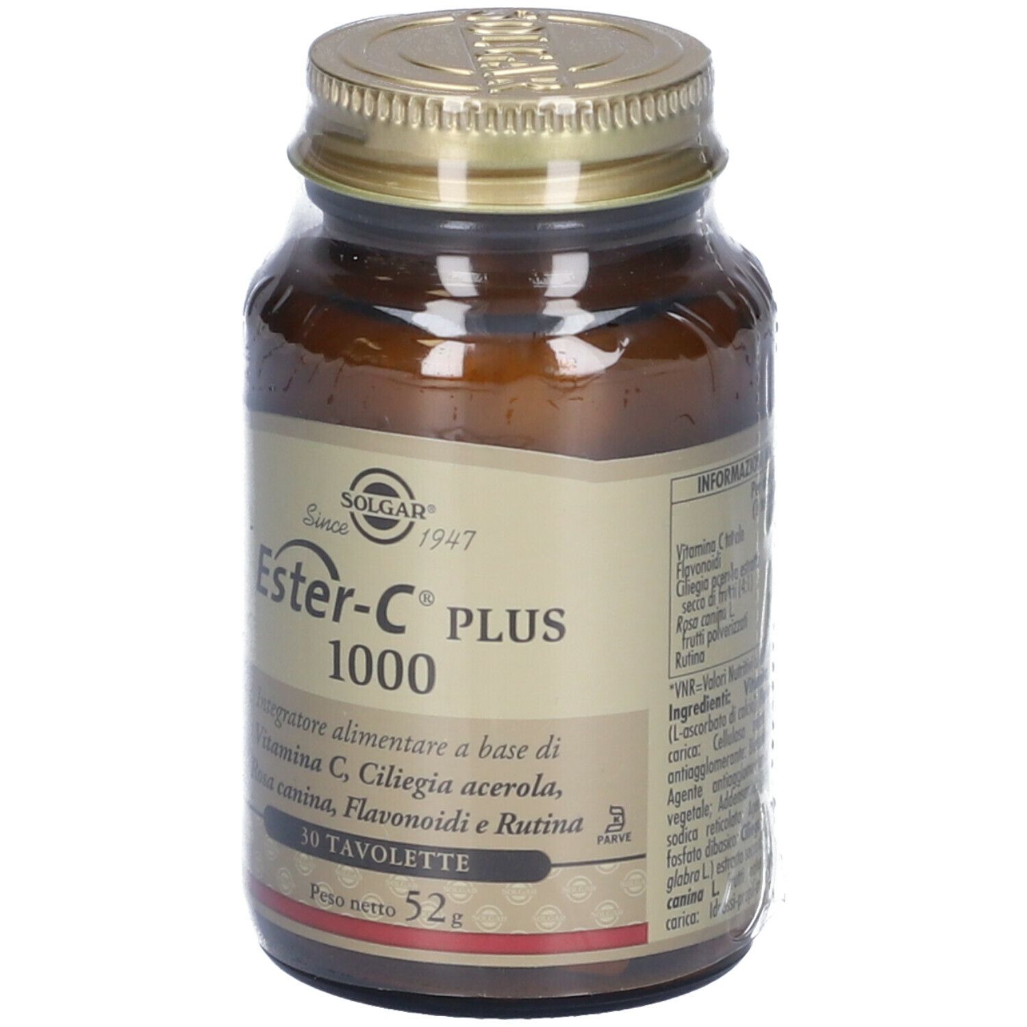 Flacone di vetro marrone con tappo dorato. Scritta: Ester-C PLUS 1000, 30 Tavolette. Marchio: SOLGAR.