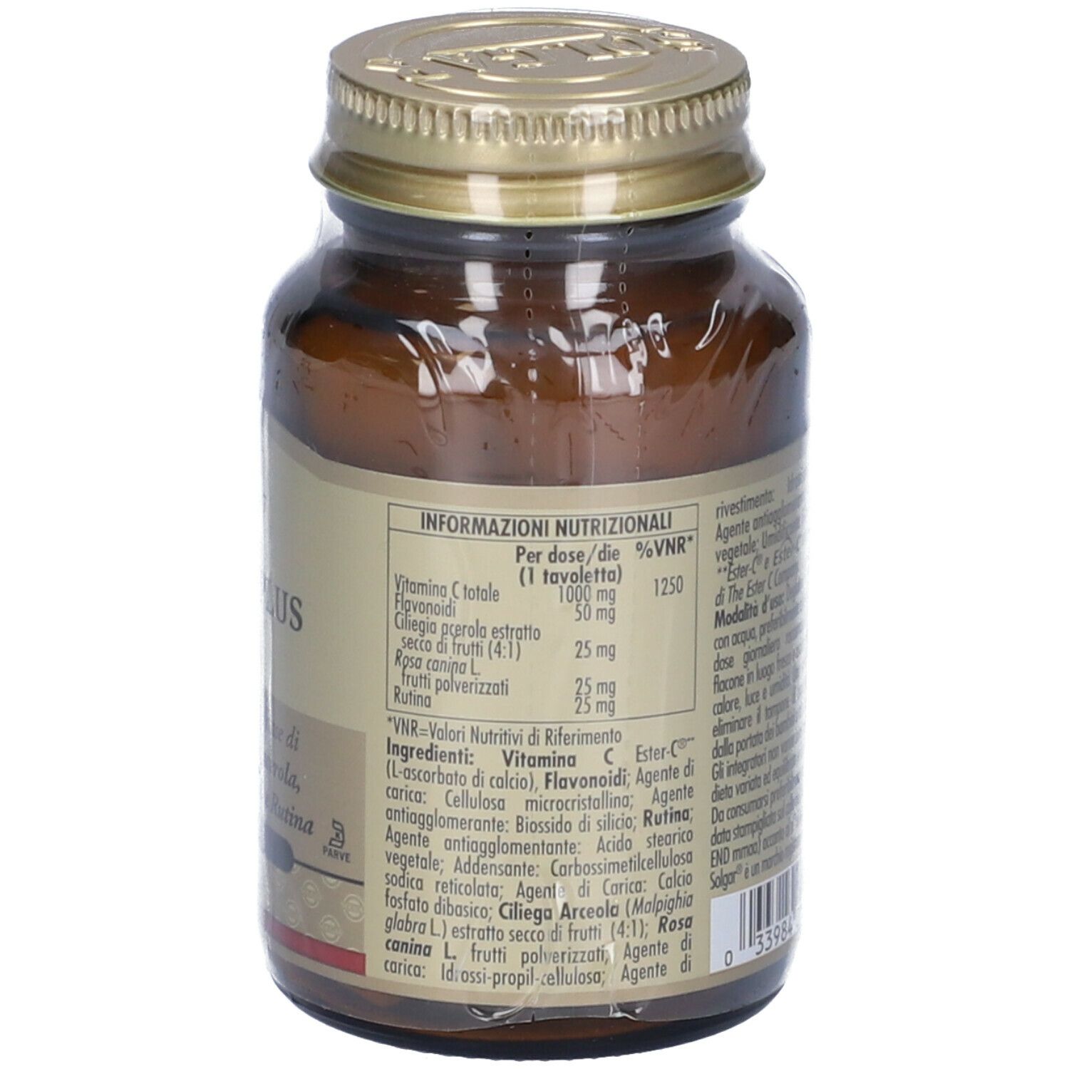 Retro del flacone di vetro marrone. Testo: informazioni nutrizionali, ingredienti. Tappo dorato. Marchio: SOLGAR.