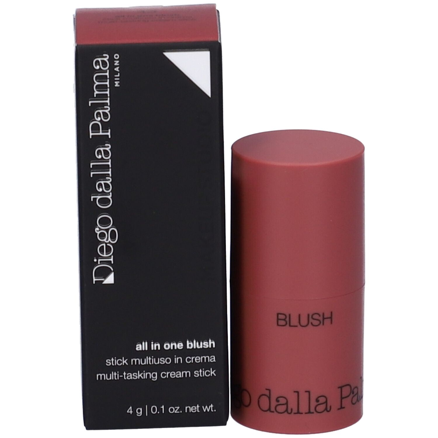 Stick blush e confezione. Sulla confezione: Diego dalla Palma, All in one blush, 4 g. Lo stick è rosa.