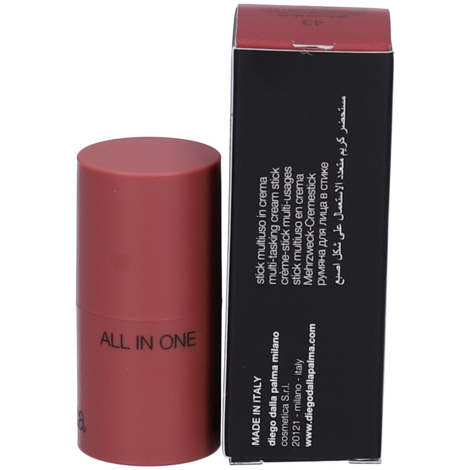 Stick blush e confezione. Sulla confezione: Diego dalla Palma, All in one blush. Made in Italy.