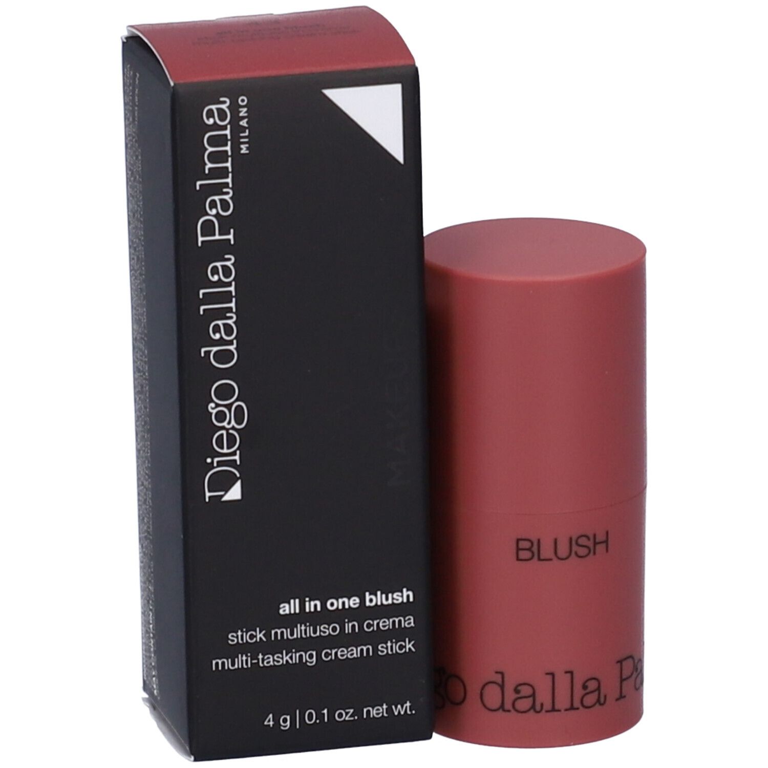 Stick blush e confezione. Sulla confezione: Diego dalla Palma, All in one blush, 4 g. Lo stick è rosa.