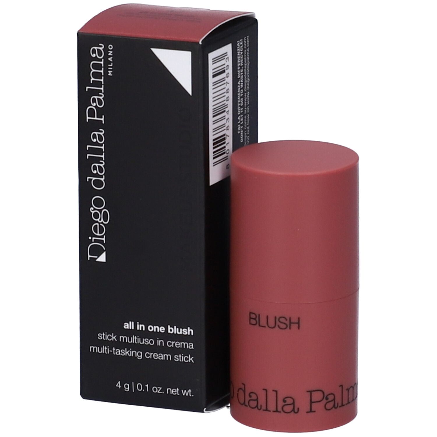Stick blush e confezione. Sulla confezione: Diego dalla Palma, All in one blush, 4 g. Lo stick è rosa.