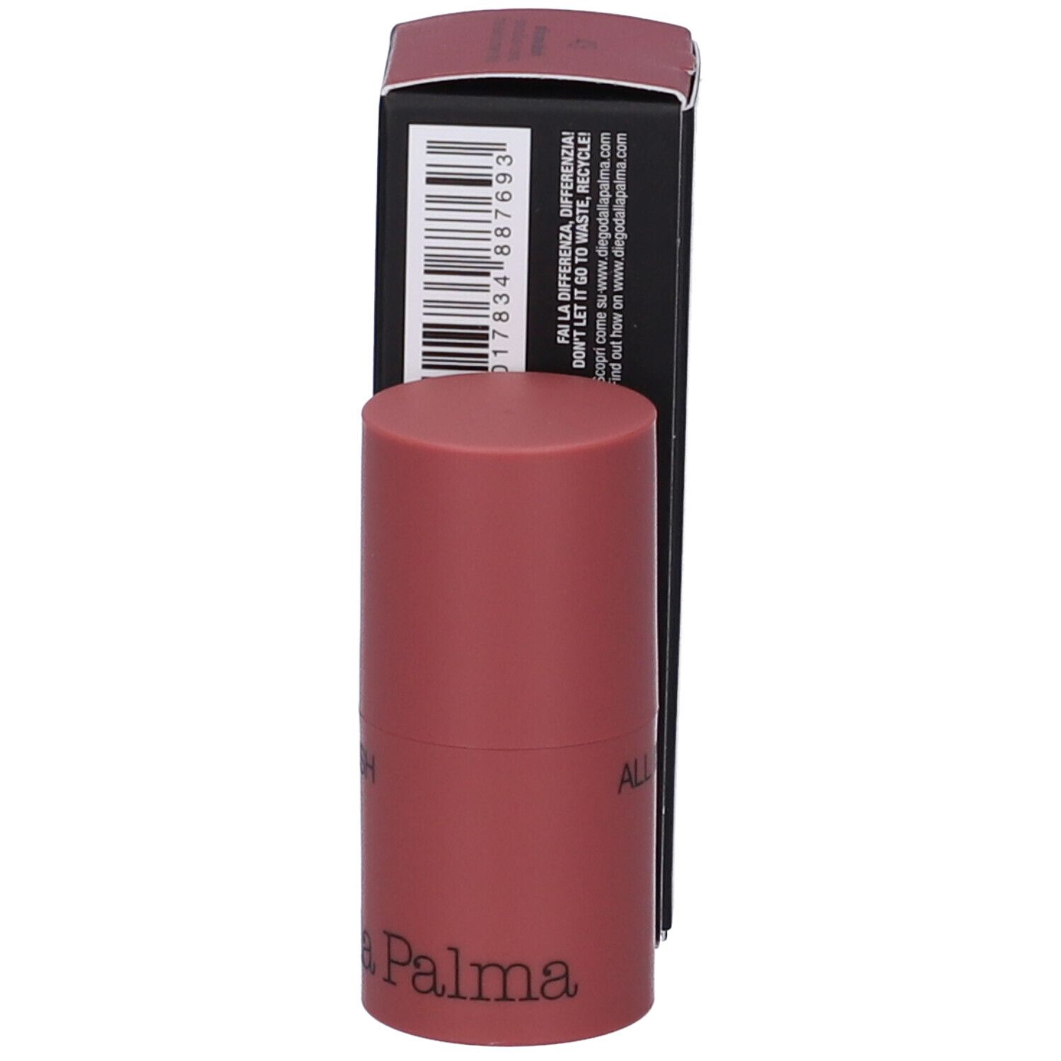 Stick blush e confezione. Sulla confezione: Diego dalla Palma, All in one blush. Lo stick è rosa.