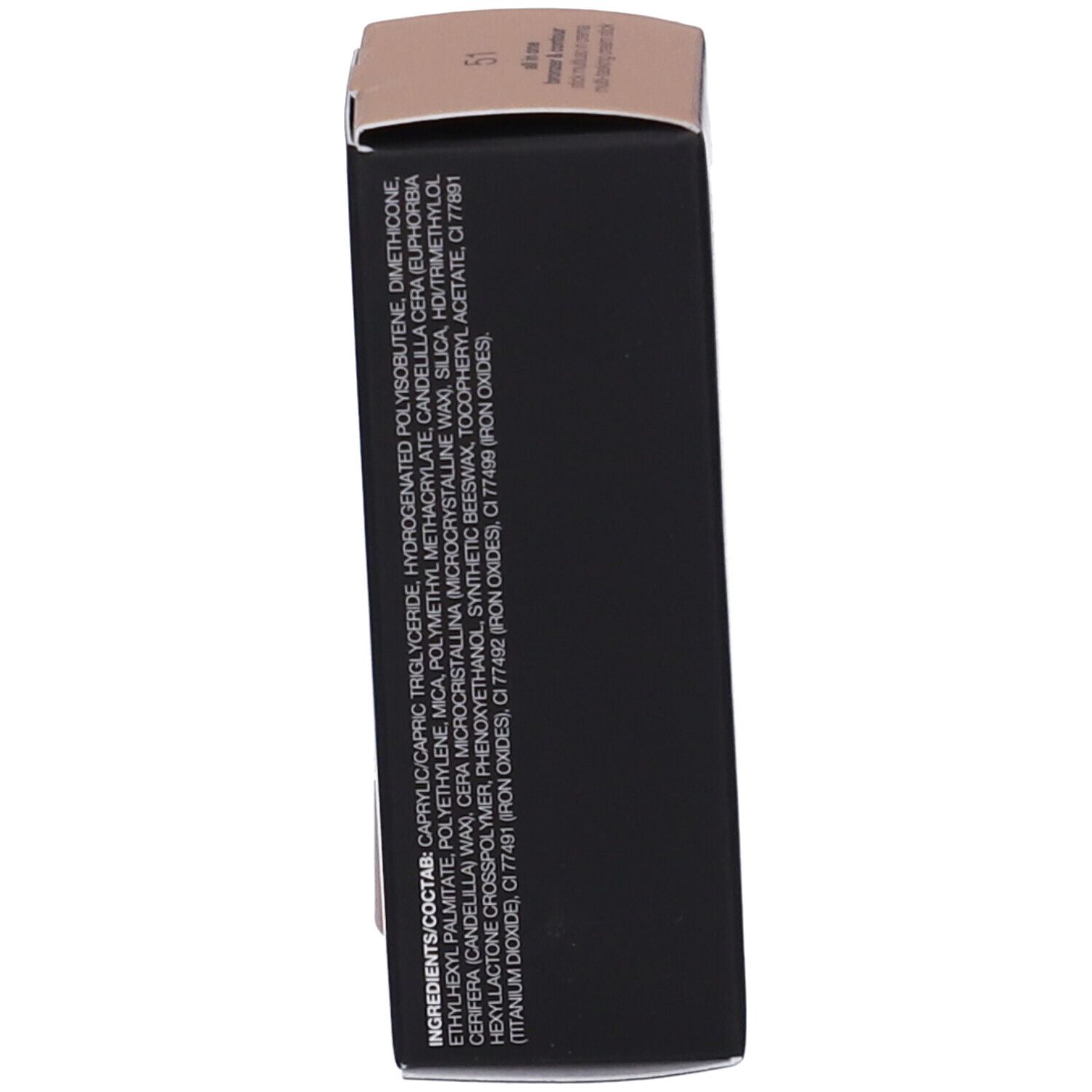 Confezione dello stick bronzer & contour. Scritta: ingredienti. Confezione nera con coperchio marrone.