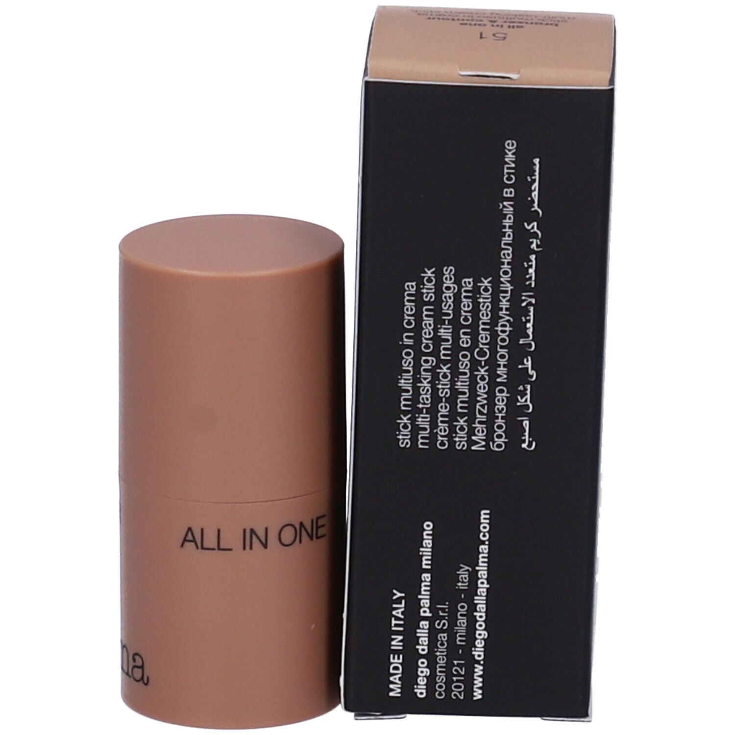 Stick bronzer & contour Diego dalla Palma. Stick e confezione marroni. Scritta: All in one, stick crema multiuso.