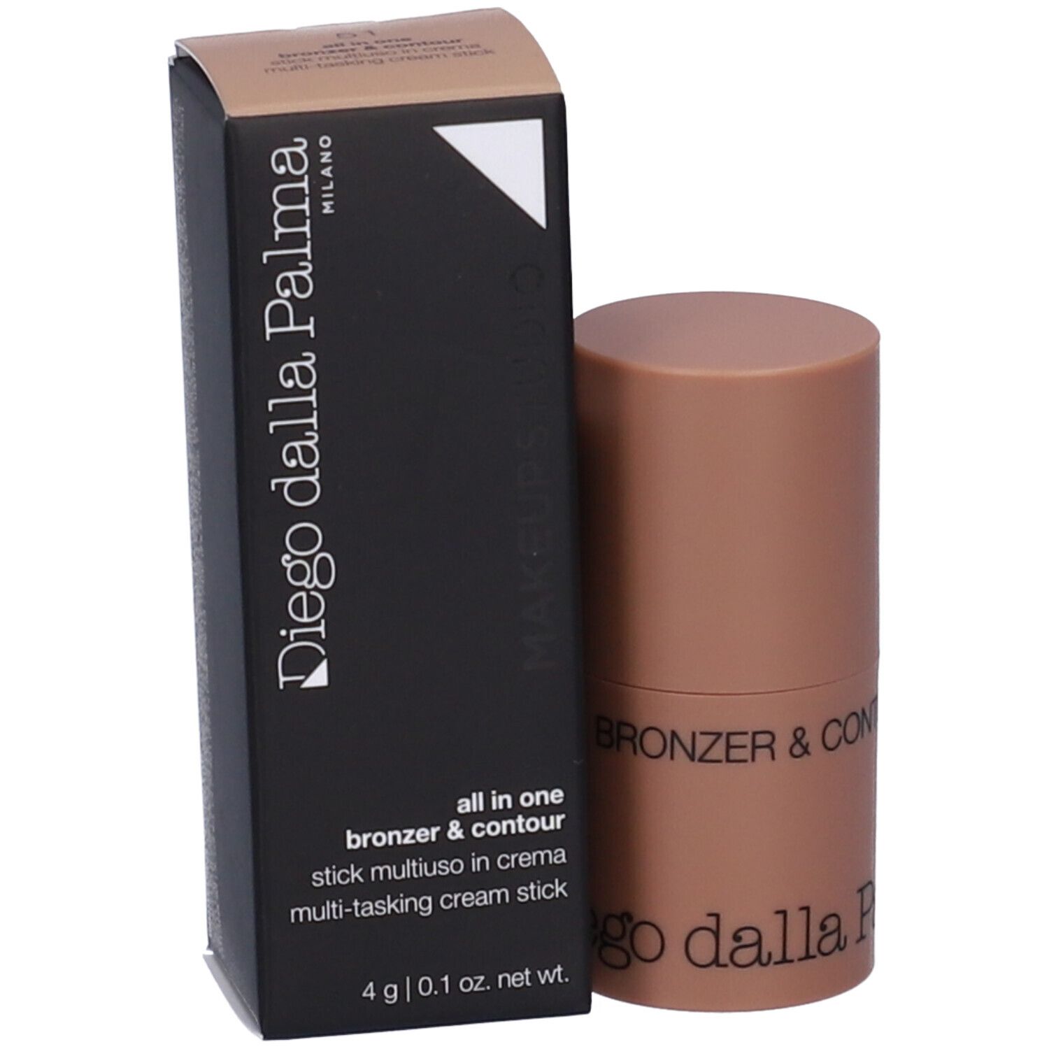 Stick bronzer & contour Diego dalla Palma. Stick e confezione marroni. Scritta: All in one, bronzer & contour.