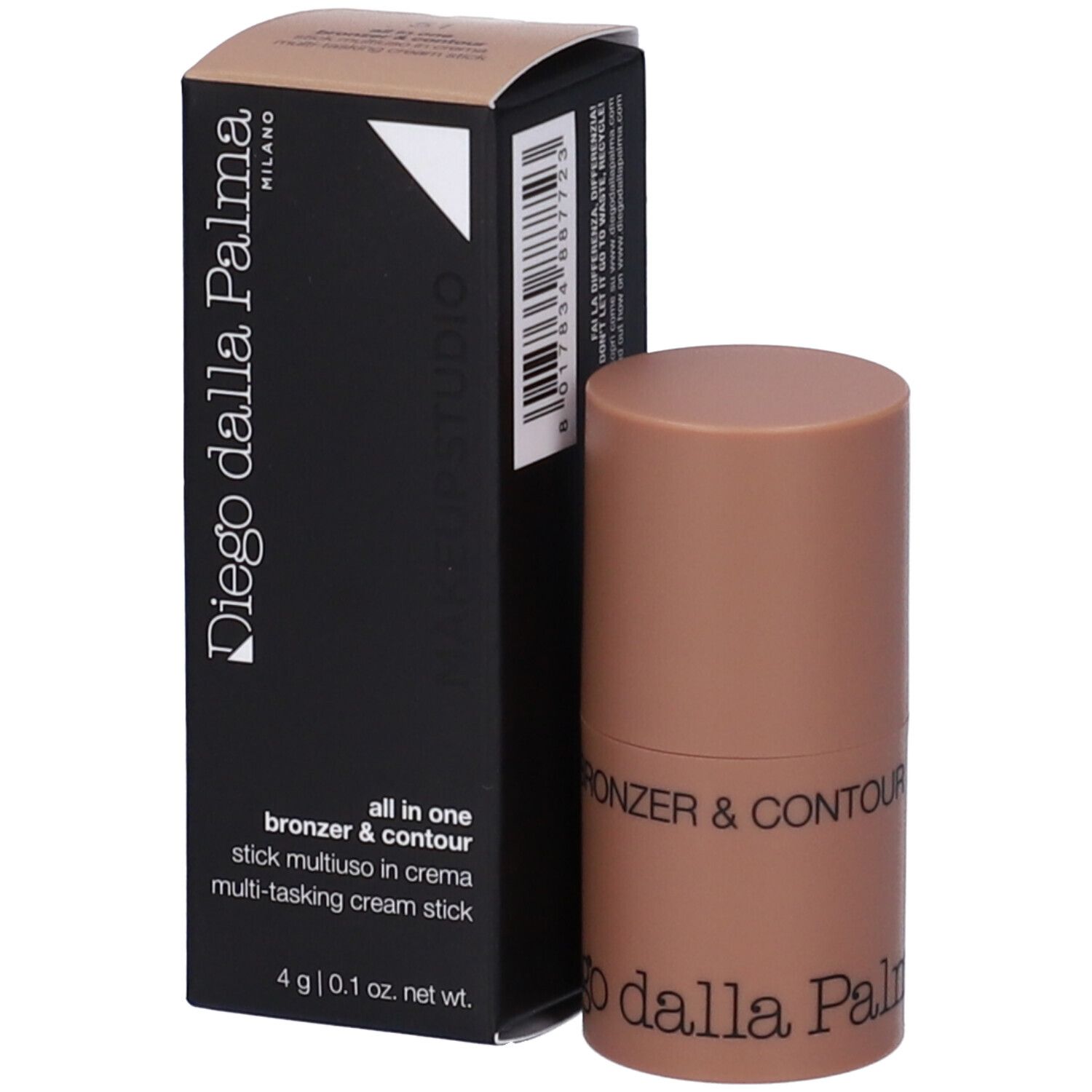 Stick bronzer & contour Diego dalla Palma. Stick e confezione marroni. Scritta: All in one, bronzer & contour.