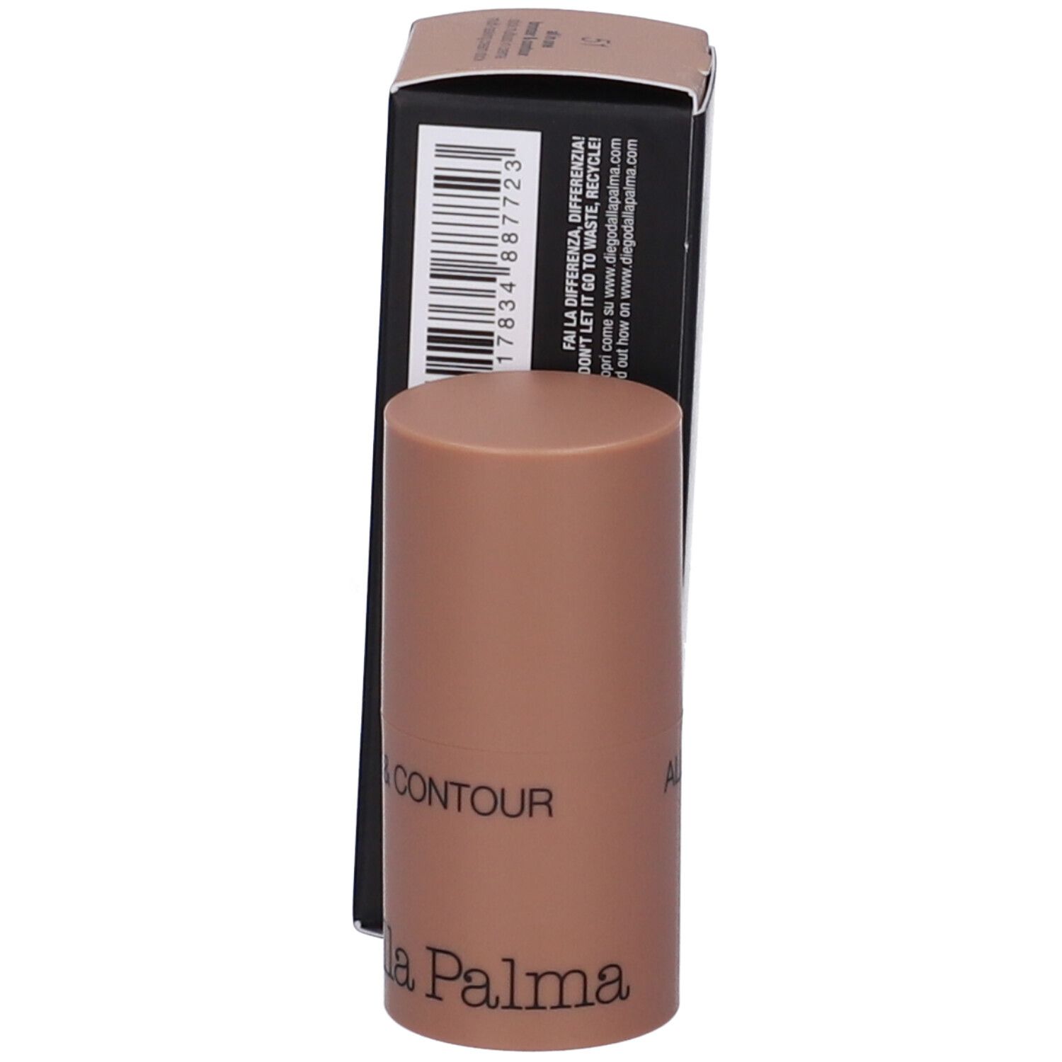 Stick bronzer & contour Diego dalla Palma. Stick e confezione marroni. Scritta: All in one, bronzer & contour.
