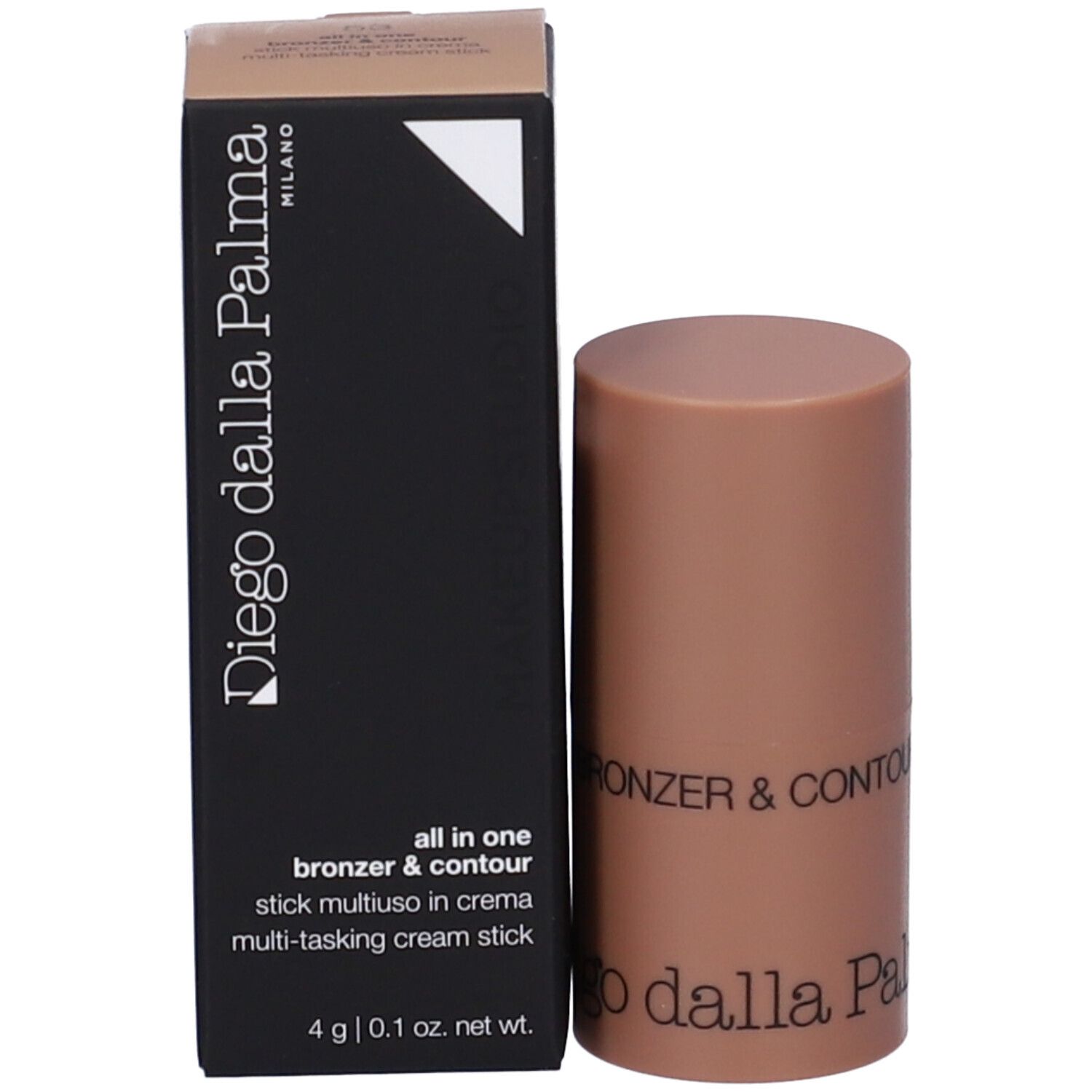 Stick Bronzer & Contour e confezione. Colore marrone, testo: Diego dalla Palma, All in One.