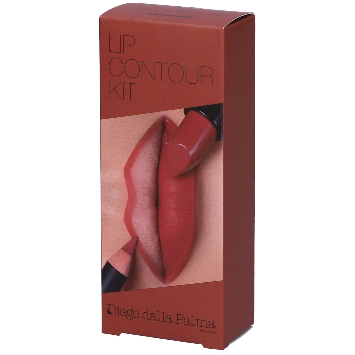 Confezione marrone con stampa Lip Contour Kit. Mostra labbra, rossetto e matita labbra. Marchio: Diego dalla Palma.