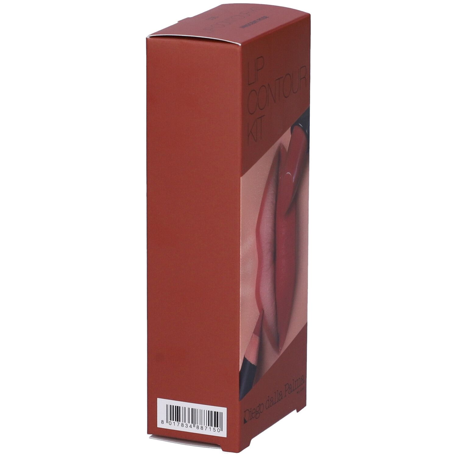 Confezione marrone, vista laterale. Stampa: Lip Contour Kit. Marchio: Diego dalla Palma. Codice a barre in basso.