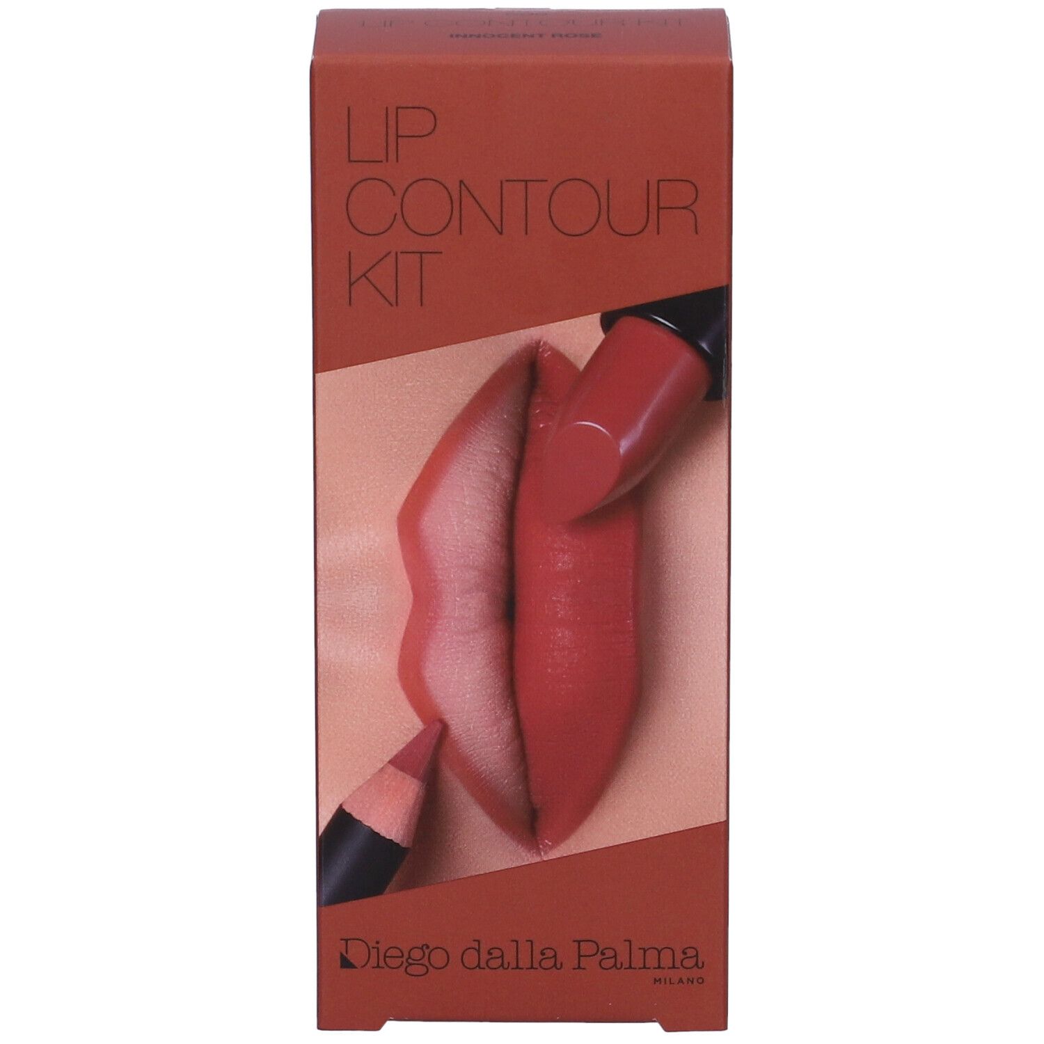Confezione marrone con Lip Contour Kit. Mostra labbra, rossetto e matita labbra. Marchio: Diego dalla Palma.