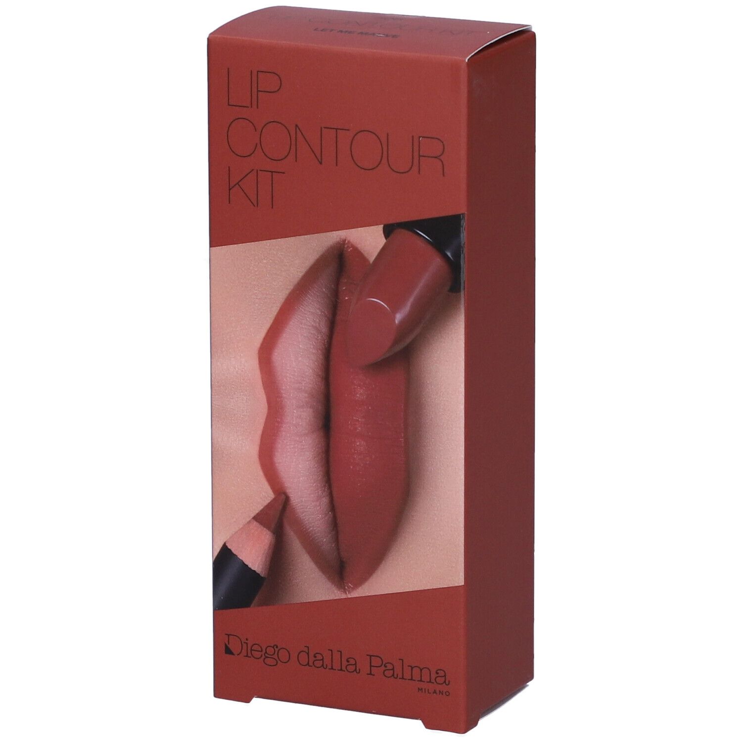 Confezione rossa con scritta Lip Contour Kit. Illustrazione di labbra e rossetto. Marchio: Diego dalla Palma.