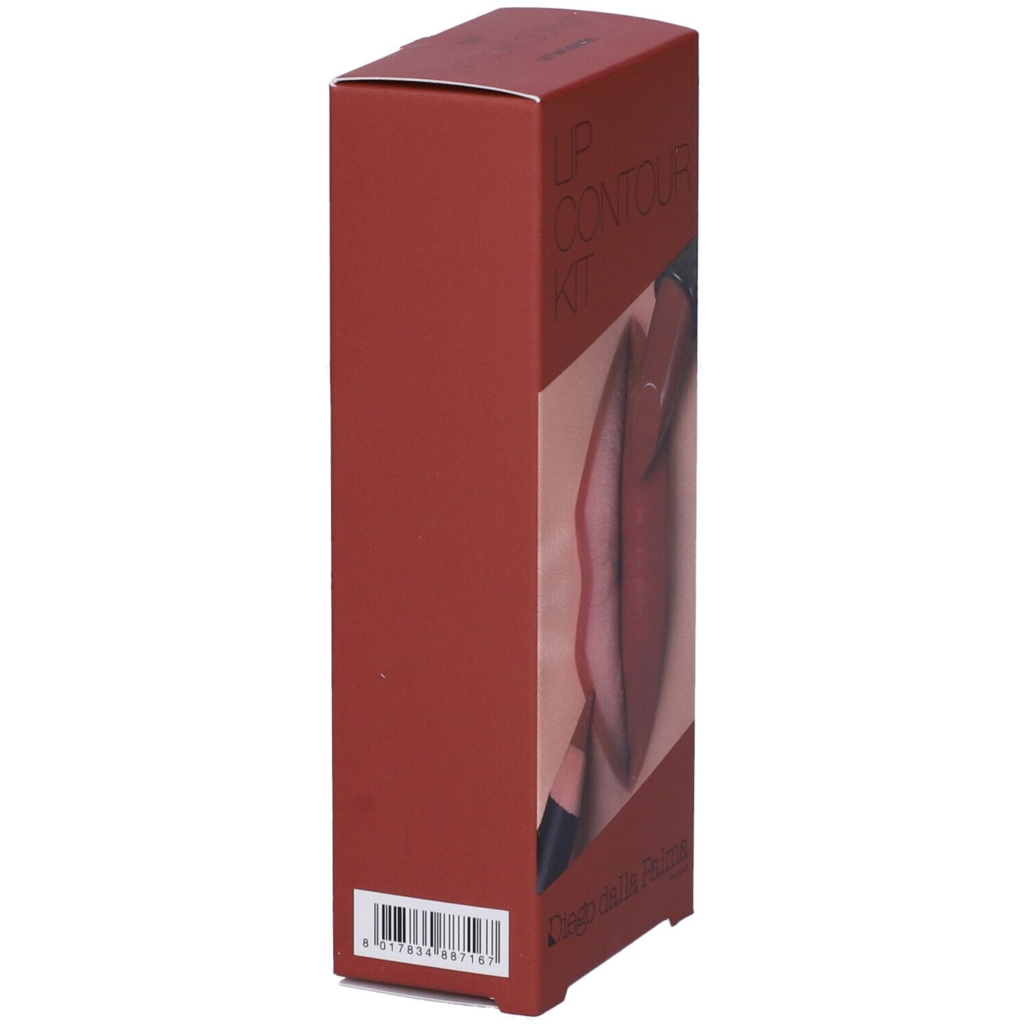 Confezione rossa, vista laterale. Scritta: Lip Contour Kit. Marchio: Diego dalla Palma. Codice a barre in basso.