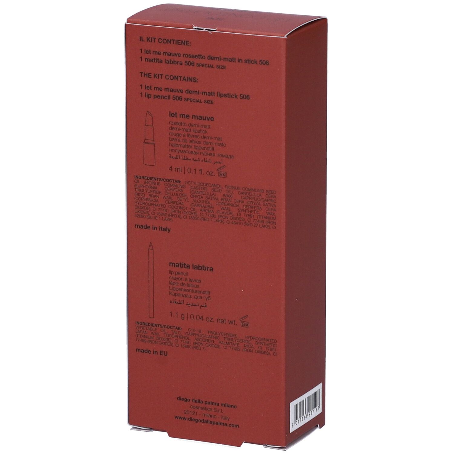 Confezione rossa, retro. Testo: Il kit contiene rossetto e matita labbra. Ingredienti e informazioni produttore.