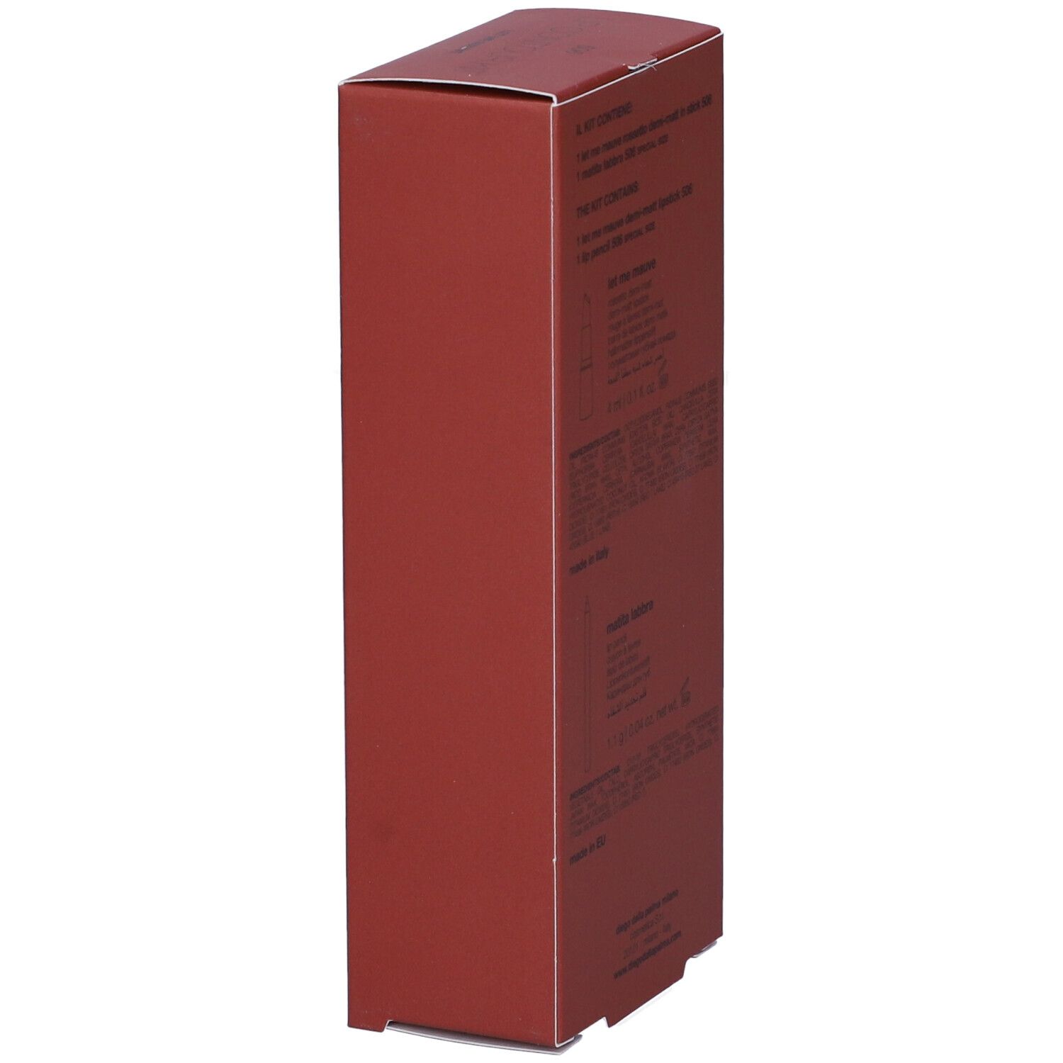 Confezione rossa, vista laterale. Testo con ingredienti e informazioni produttore. Prodotto in Italia.
