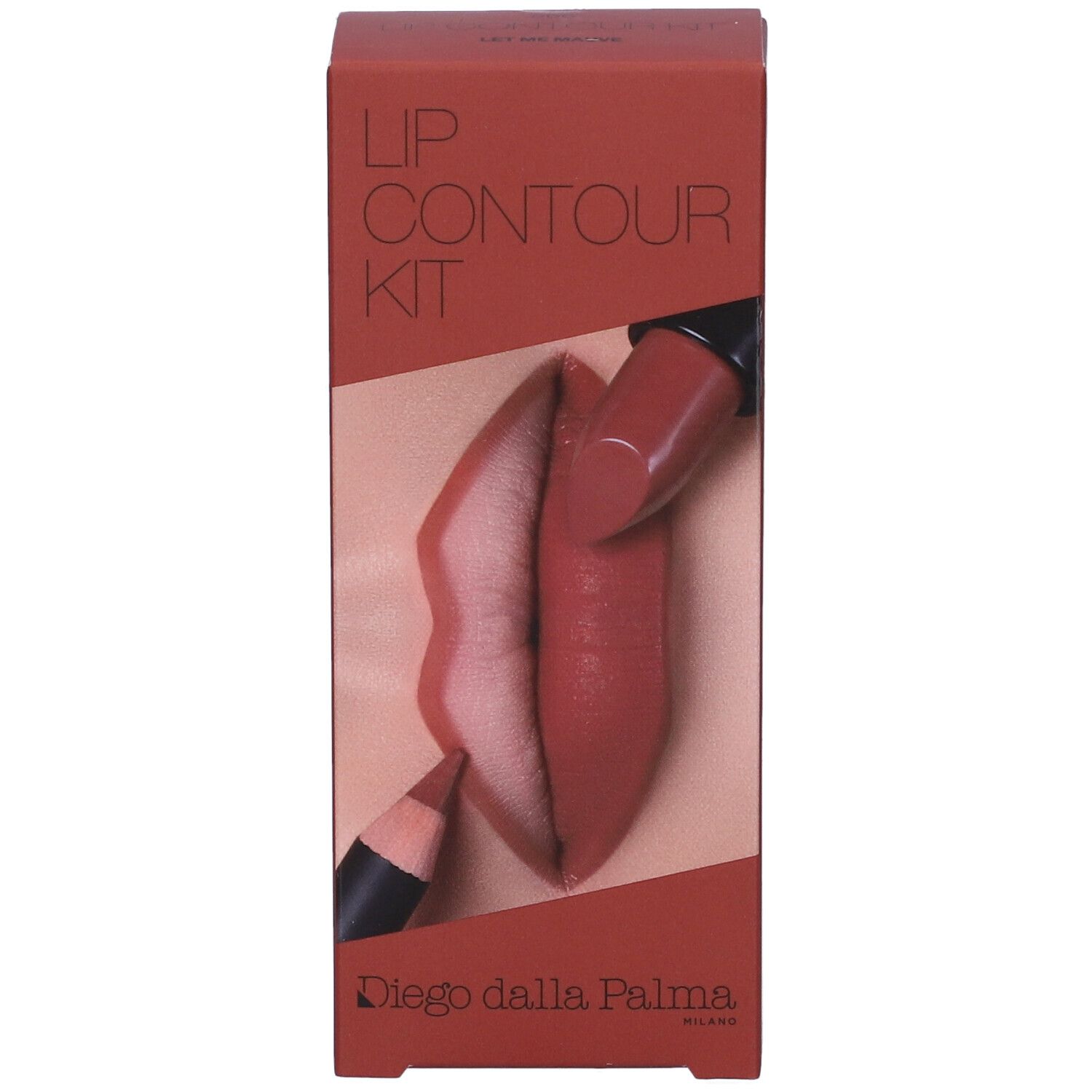 Confezione rossa con scritta Lip Contour Kit. Illustrazione di labbra e rossetto. Marchio: Diego dalla Palma.