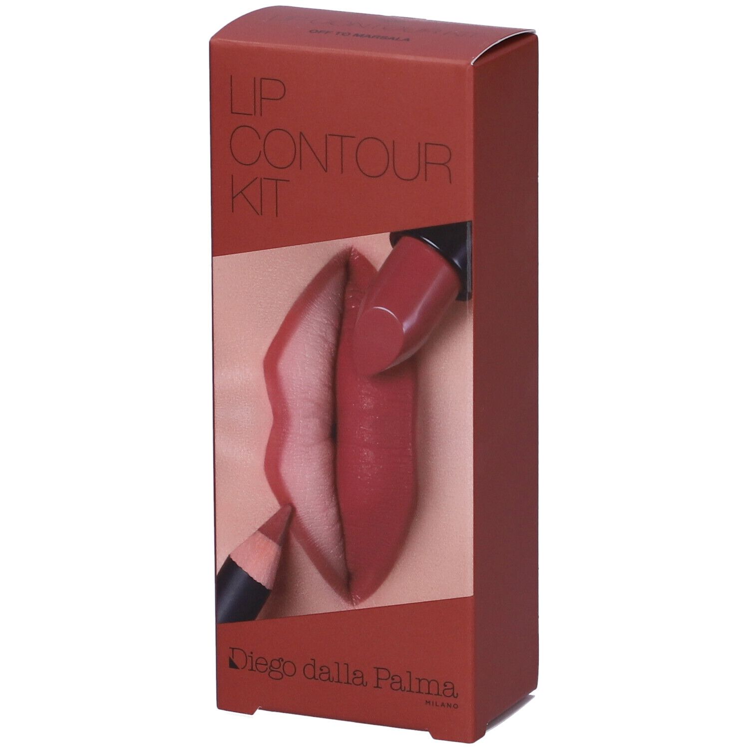 Scatola rossa con kit contouring labbra. Immagine di labbra, rossetto e matita labbra. Marchio: Diego dalla Palma.
