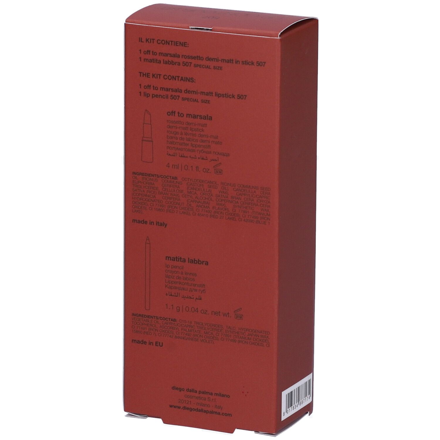 Confezione rossa. Testo: ingredienti, contenuto, rossetto e matita labbra 'off to marsala'. Prodotto in UE.