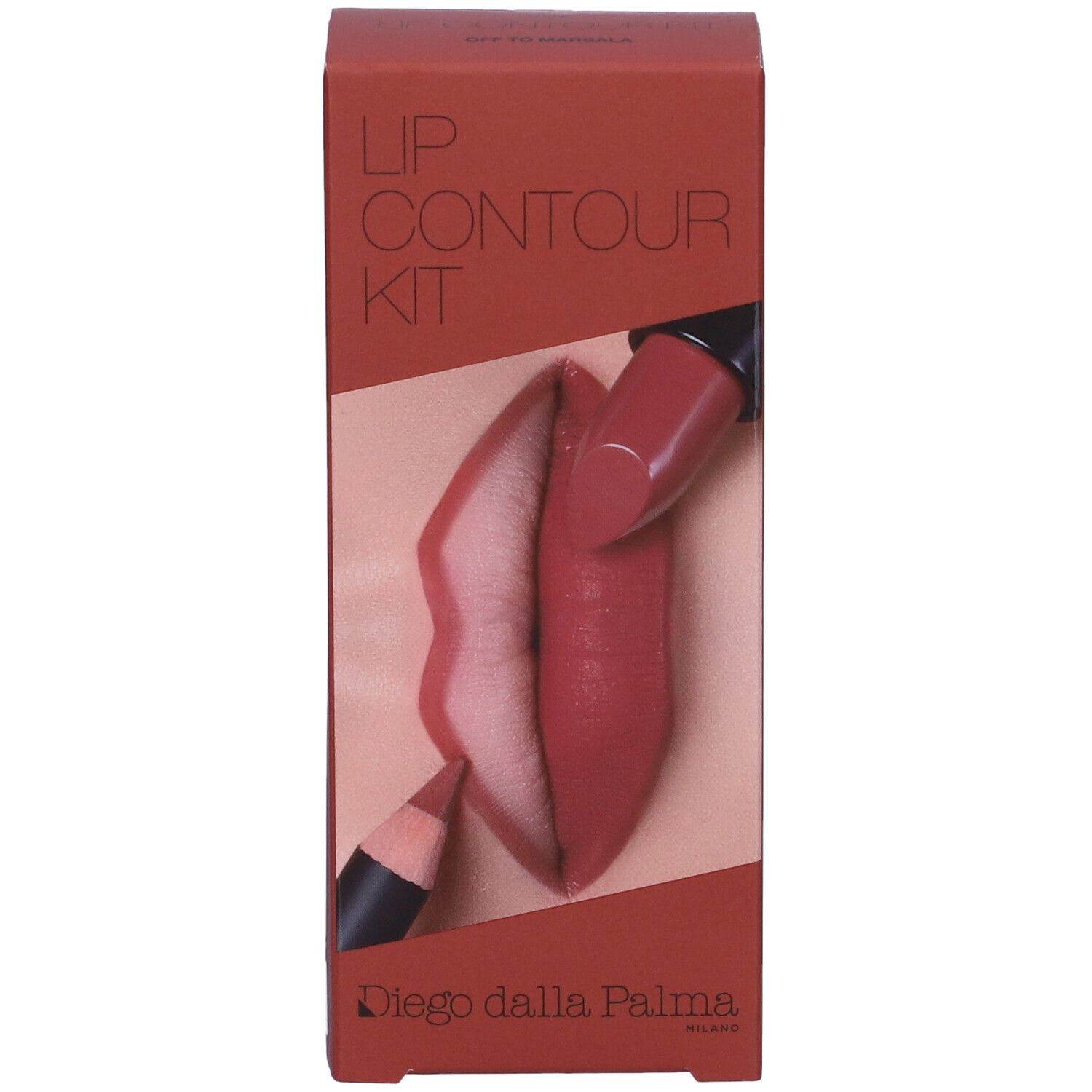 Scatola rossa con kit contouring labbra. Immagine di labbra, rossetto e matita labbra. Marchio: Diego dalla Palma.