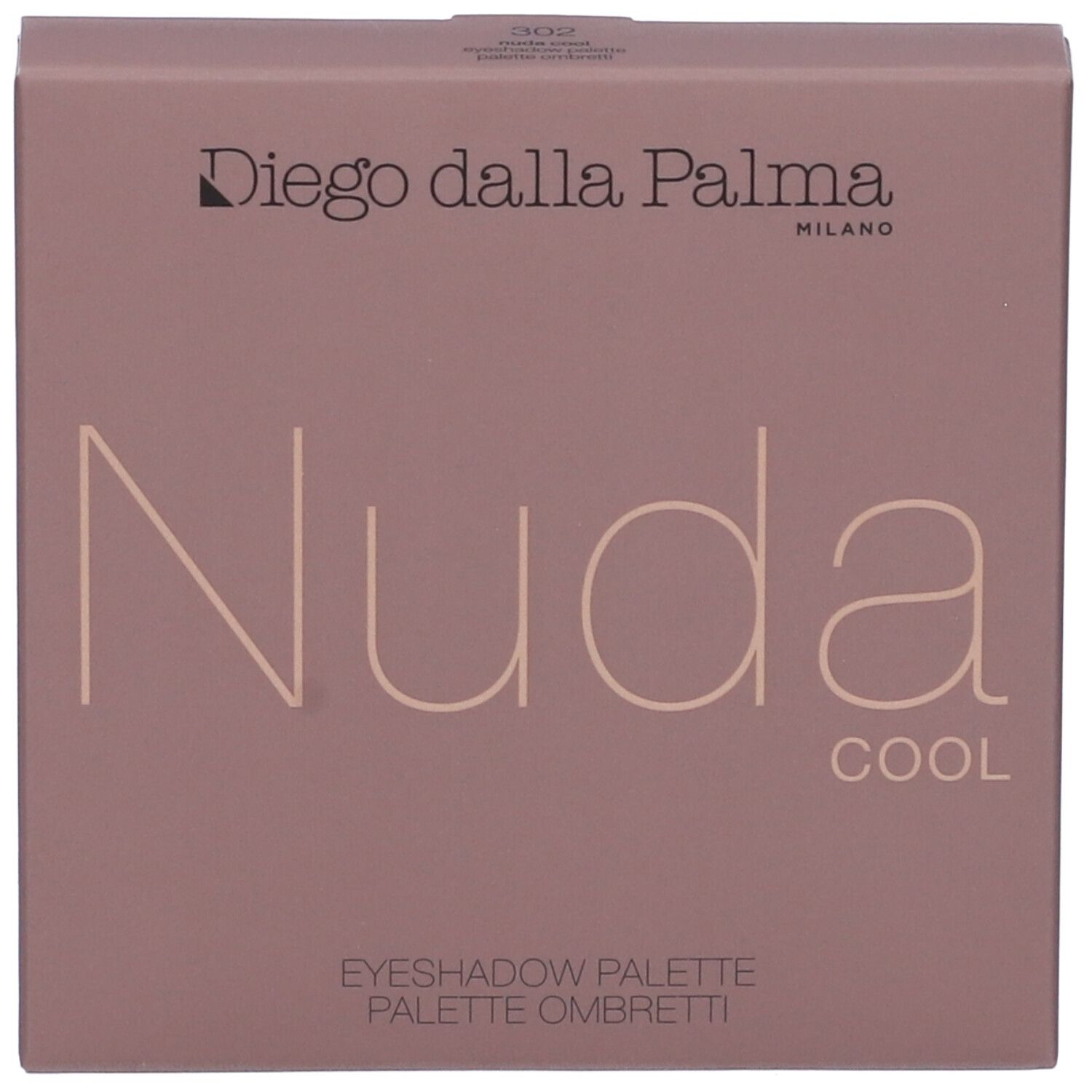 Palette trucco 'Nuda Cool' con logo. Tonalità rosa, forma quadrata.