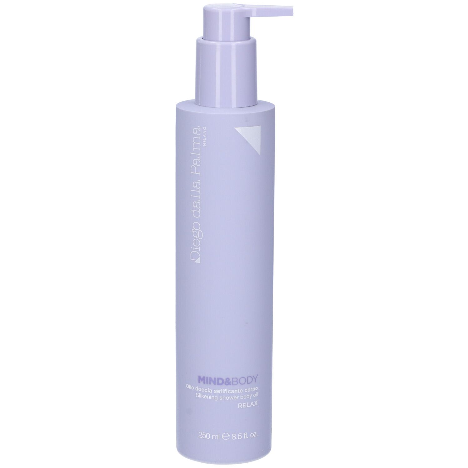 Flacone con dosatore. Lilla chiaro. Scritte: Diego dalla Palma, MIND&BODY, Relax. 250 ml.