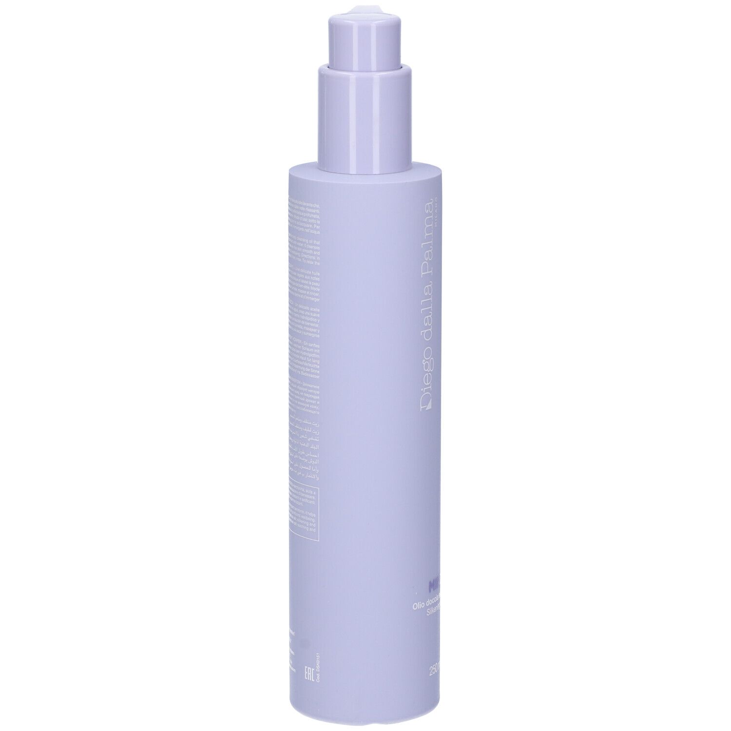 Flacone lilla chiaro con dosatore. Retro con testo. Scritte: Diego dalla Palma. 250 ml.
