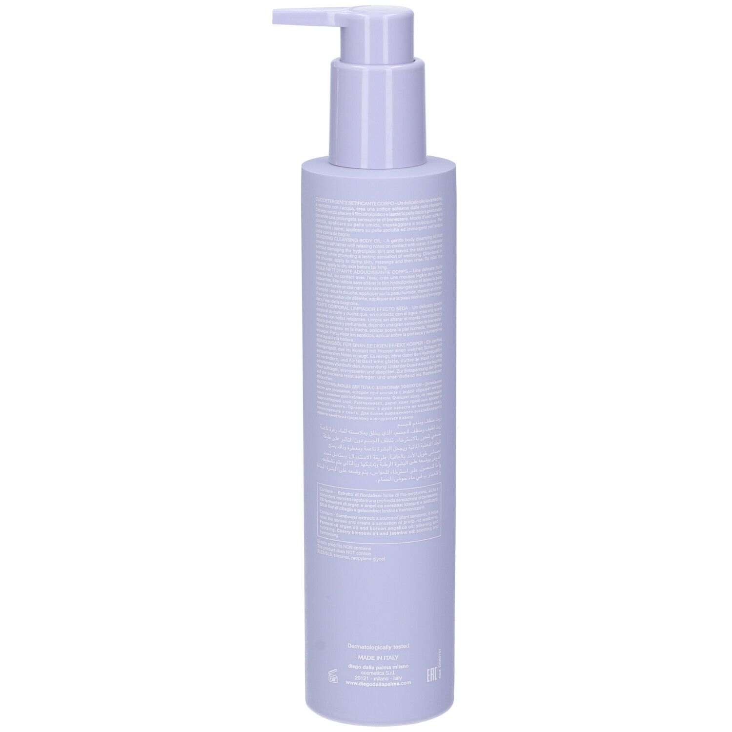Flacone lilla chiaro con dosatore. Retro con testo. Scritte: Diego dalla Palma. 250 ml.