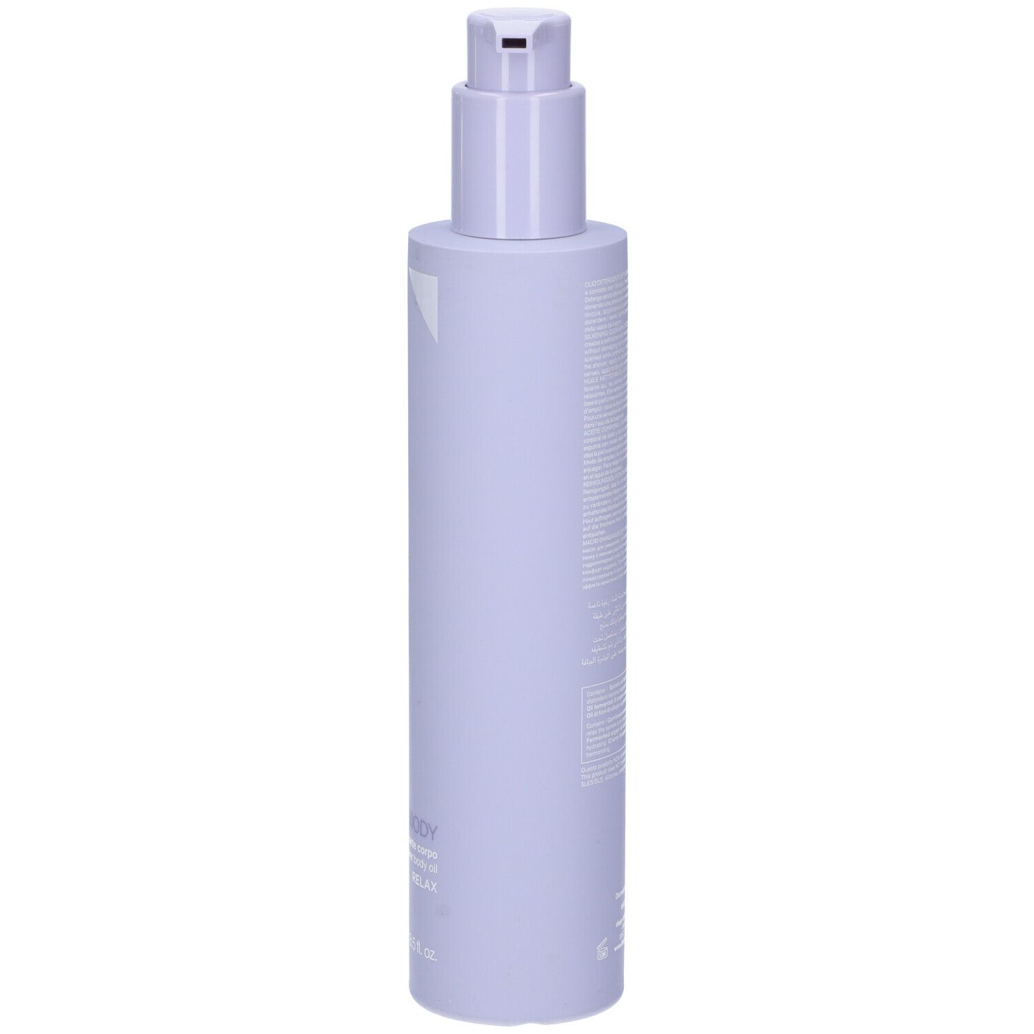 Flacone lilla chiaro con dosatore. Scritte: Diego dalla Palma, MIND&BODY, Relax. 250 ml.