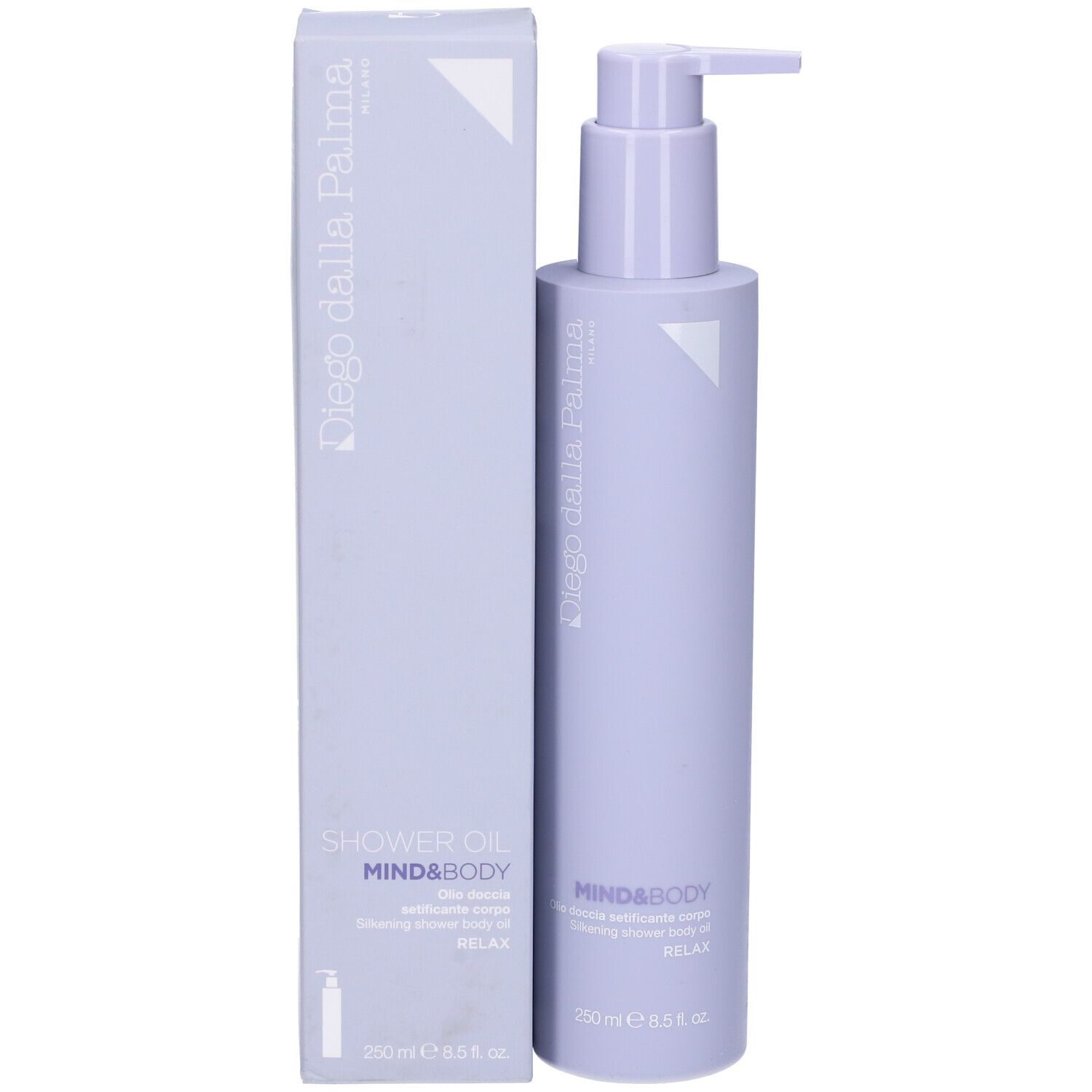 Flacone lilla chiaro con dosatore e scatola. Scritte: Diego dalla Palma, SHOWER OIL, MIND&BODY, Relax. 250 ml.