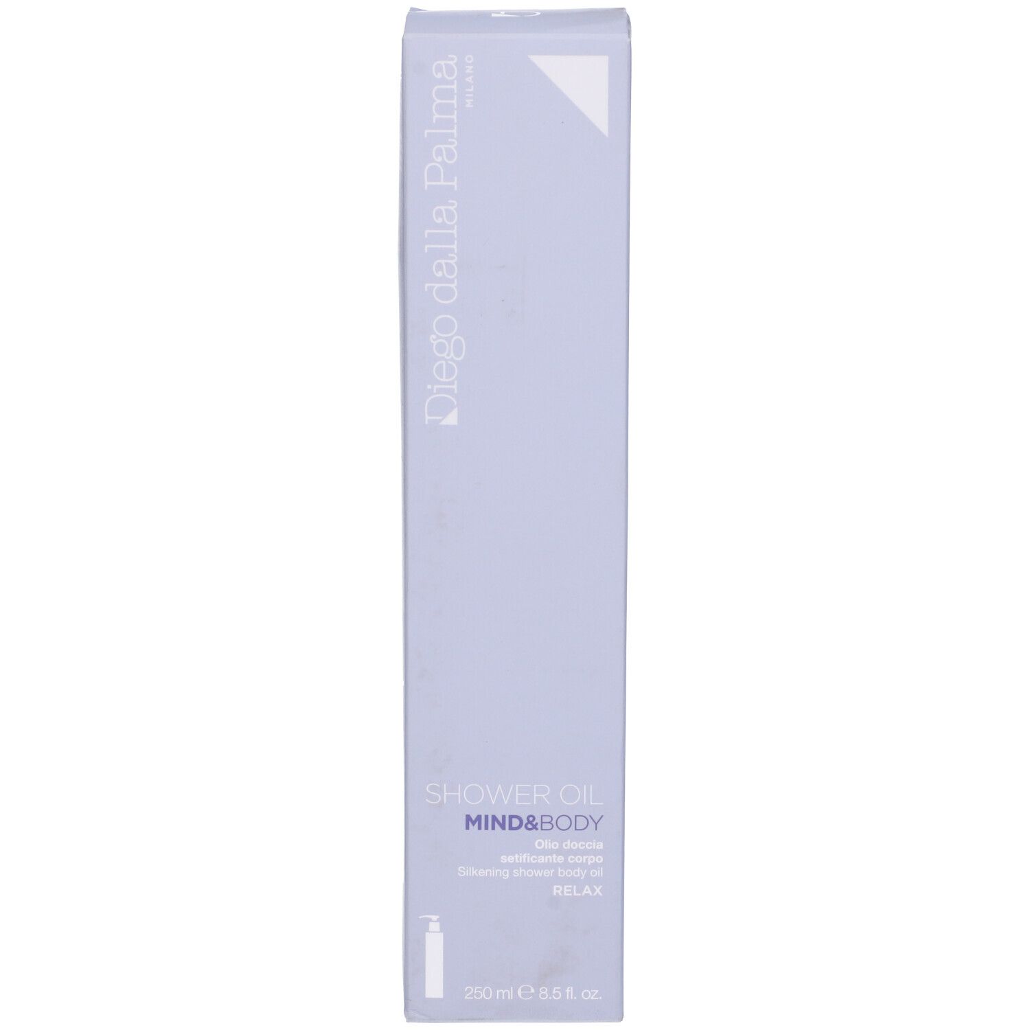 Scatola. Scritte: Diego dalla Palma, SHOWER OIL, MIND&BODY, Relax. 250 ml. Con immagine del prodotto.